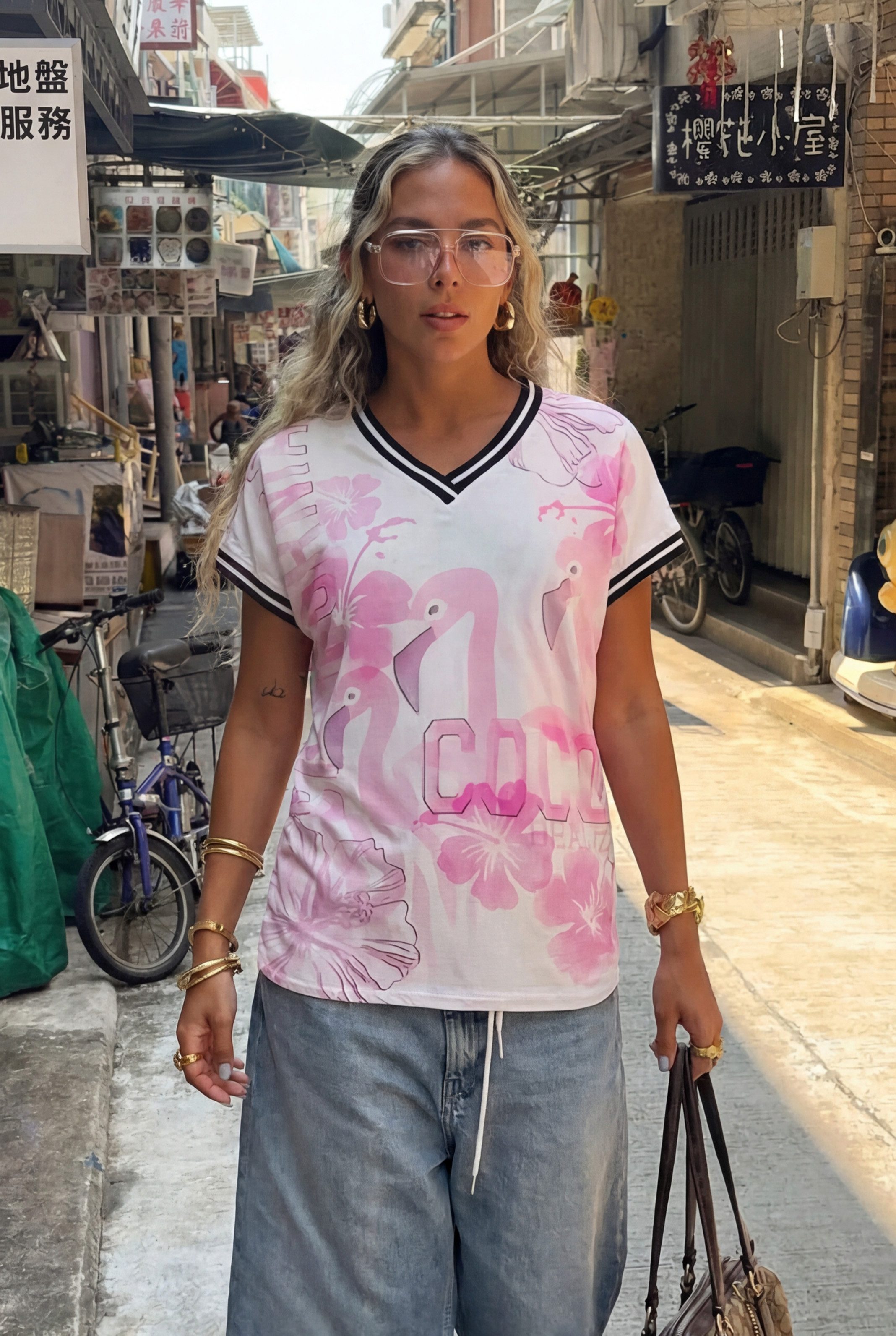 six-o-seven T-Shirt T-Shirt mit Flamingo Print und Bündchen im trendigen Sommer Style