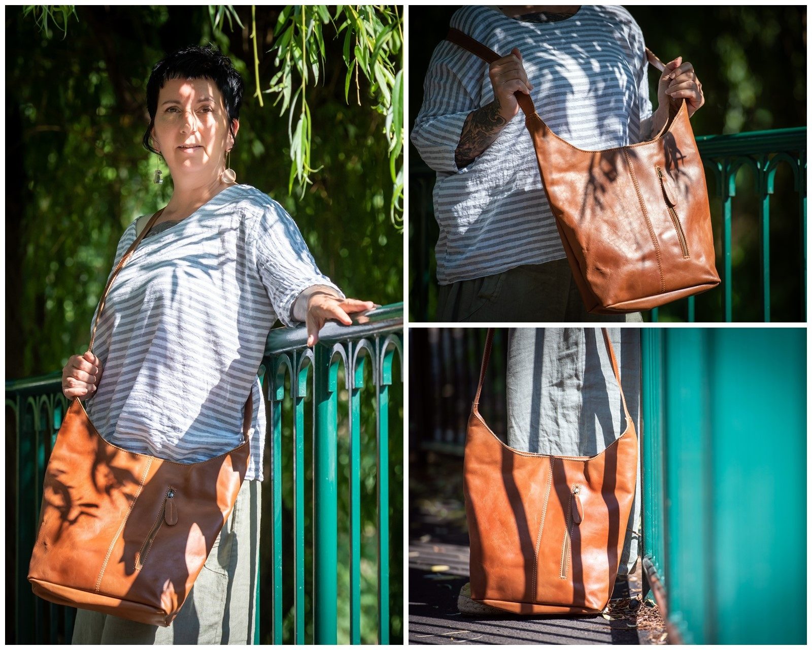 LECONI Schultertasche große Umhängetasche Beuteltasche Damentasche Shopper Echt Leder LE0055, Echtleder – Reißverschlussfach innen & außen – 34×34×11 cm