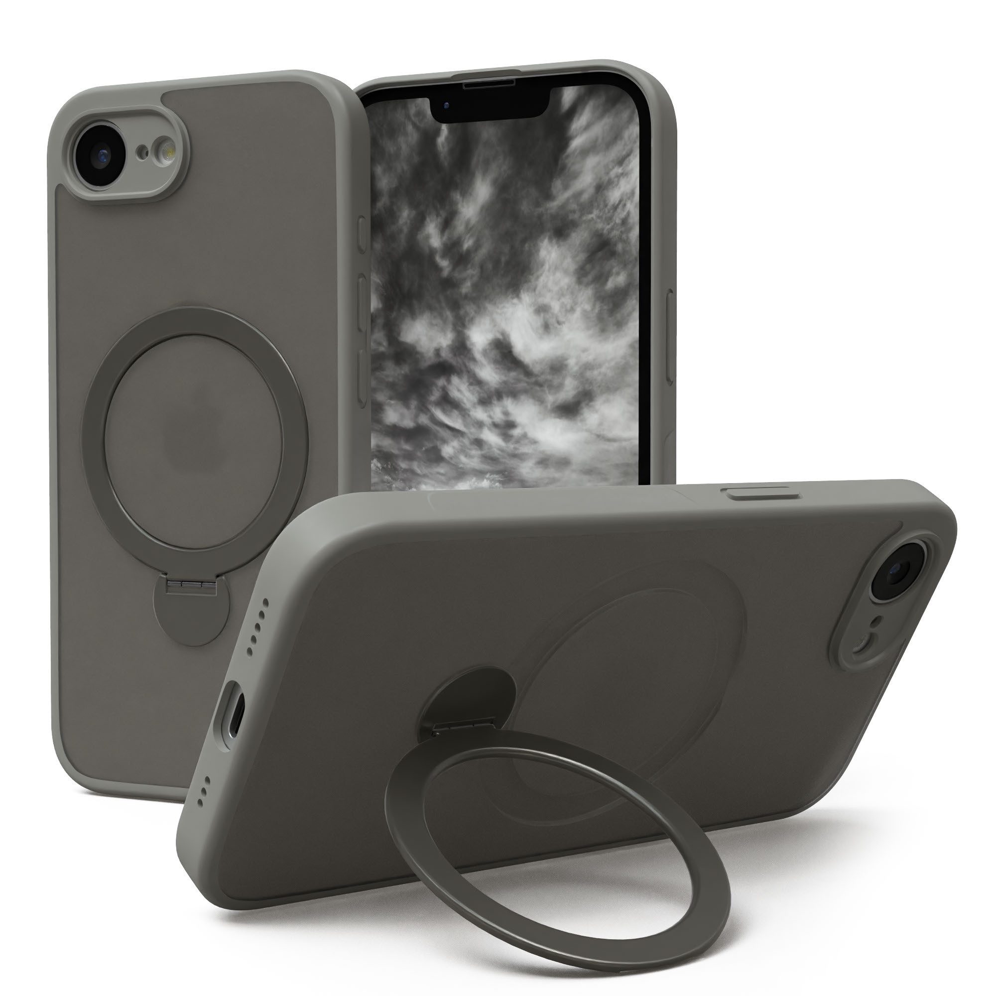 EAZY CASE Handyhülle Outdoor iPhone 16e Case MagSafe Rotation Ring 6,1 Zoll, Slim Cover Handyhülle stoßfest Silikon Case Outdoorcase kratzfest Grau