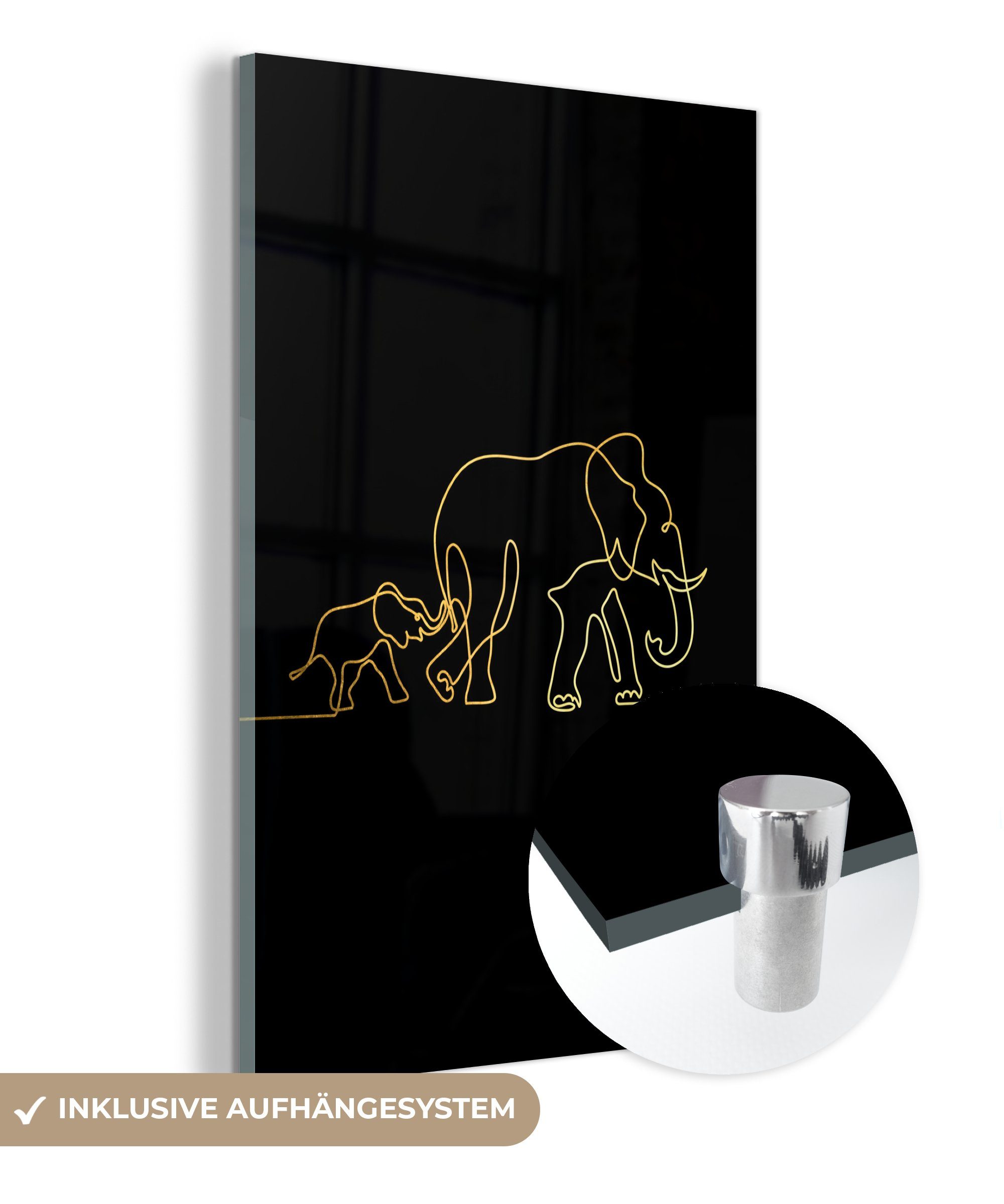 Acrylglasbild Wandbild MuchoWow - - Elefant Bilder (1 - auf Einfach Wanddekoration - Glas Glas - - Glasbilder Foto St), auf Gold Schwarz,