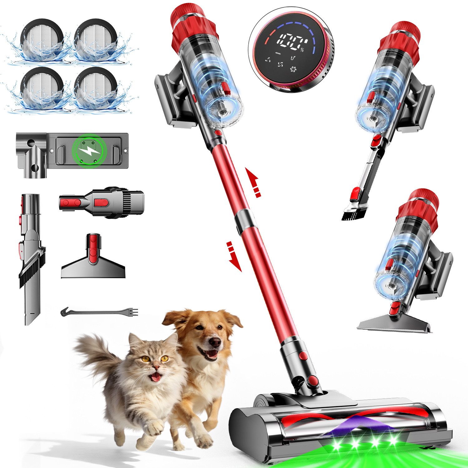Adormii Akku-Hand-und Stielstaubsauger Akku staubsauger 80000Pa/70Min, Staubsauger Kabellos HEPA*4, 8-stufiges Filtersystem,LED und V-förmige Anti-Tangle-Bürste, Smartes LED-Display,50dB leise,für Teppich,Hartböden&Tierhaare
