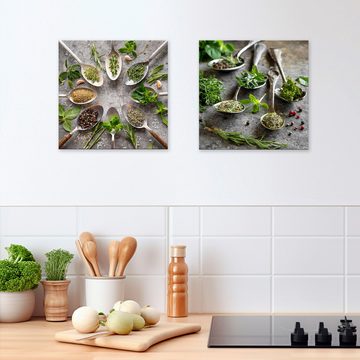 artissimo Glasbild Glasbild 30x30cm Bild Küche Küchenbild Esszimmer Gewürze grün grau, Essen und Trinken: Vintage Löffel mit Kräutern II