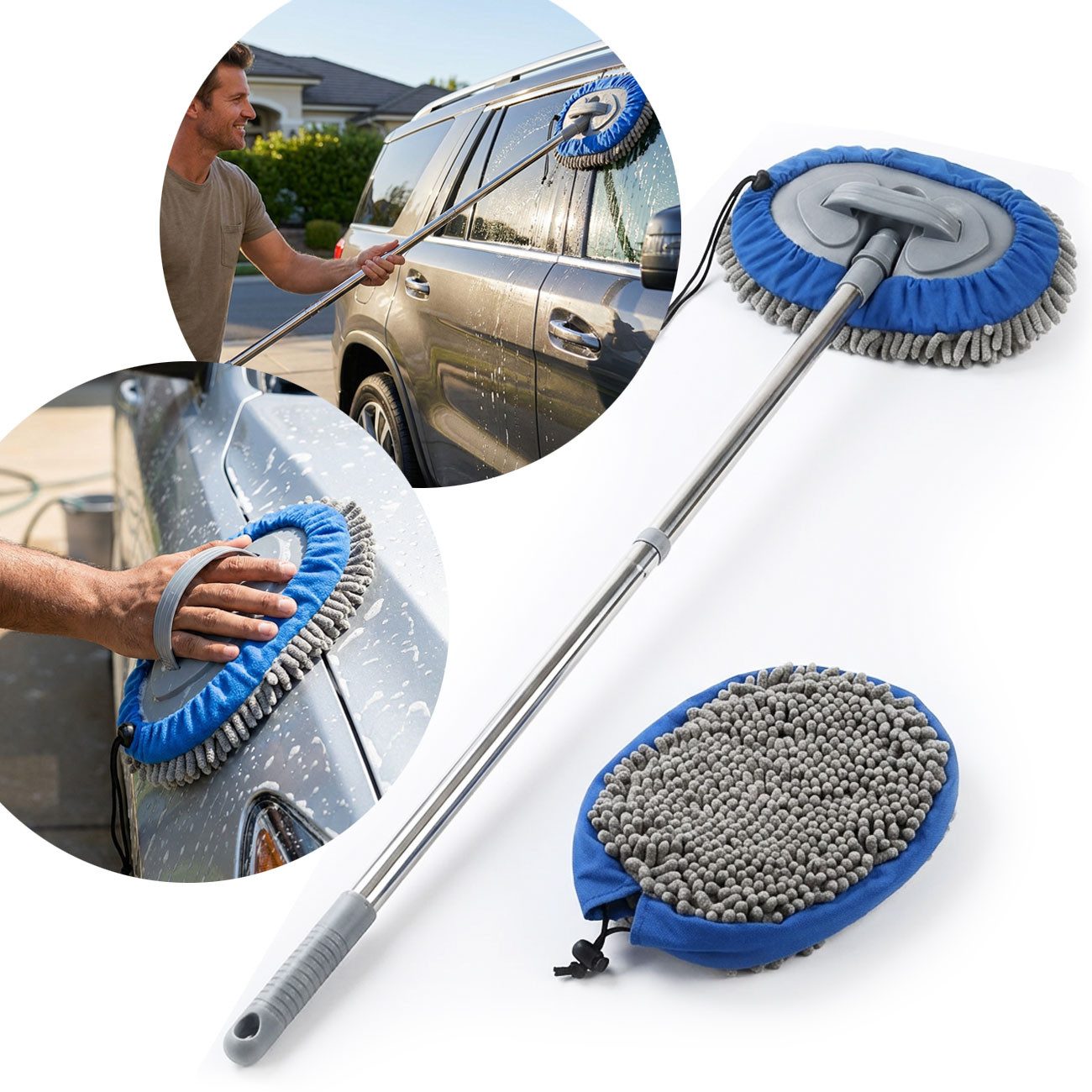 shop'n smile ideoon Wischmopp Wischmopp mit 160cm Teleskopstange & 2 Chenille Mikrofaser Aufsätzen, für PKW, LKW, Wohnmobil & Wohnwagen