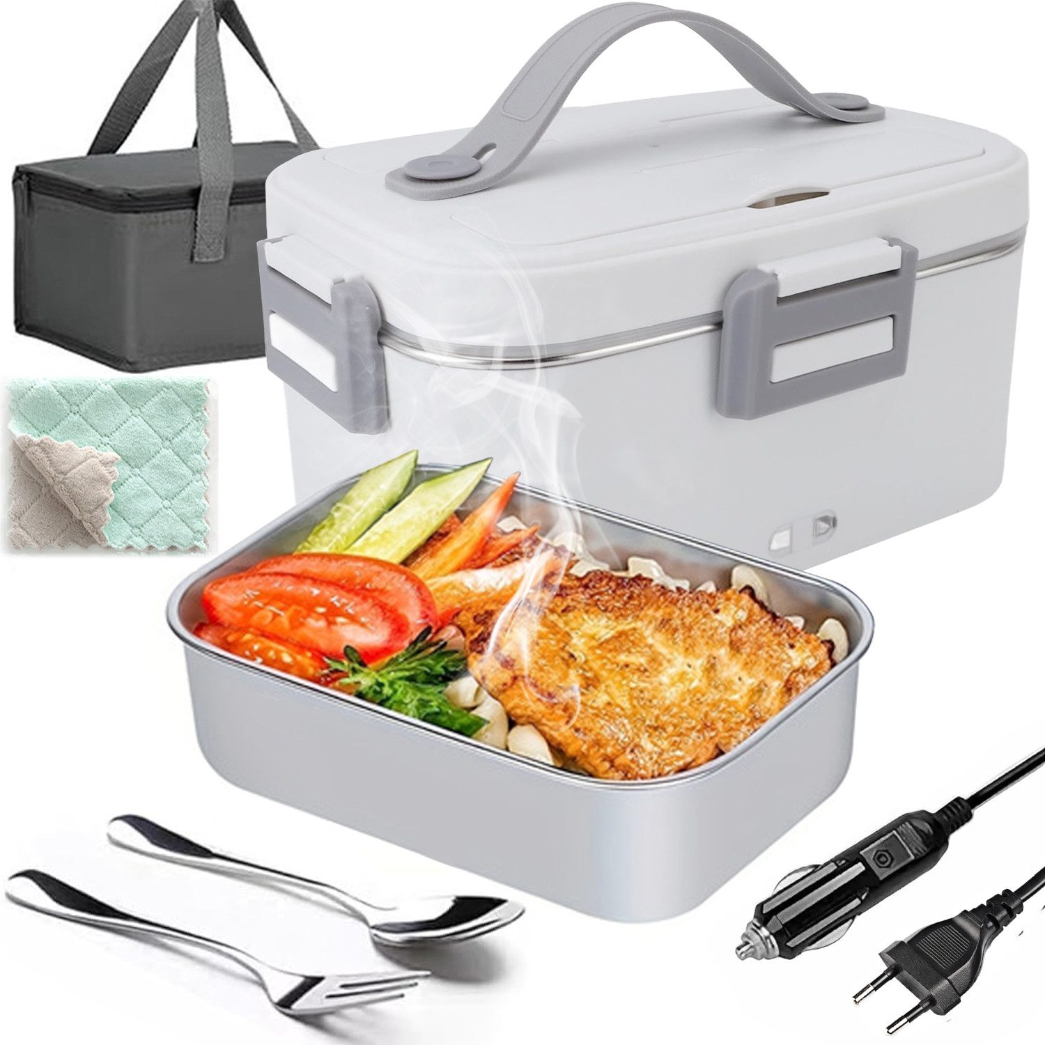 MOPUEA Elektrische Lunchbox 3 in 1 Elektrische Lunchbox, Lunchbox Brotdose aus Edelstahl, (1,8 L Großes,Auskleidung aus Edelstahl 304, isolierte Lunchbox für Zuhause und Auto), schnelles Erhitzen von Speisen, Design mit zwei Fächern