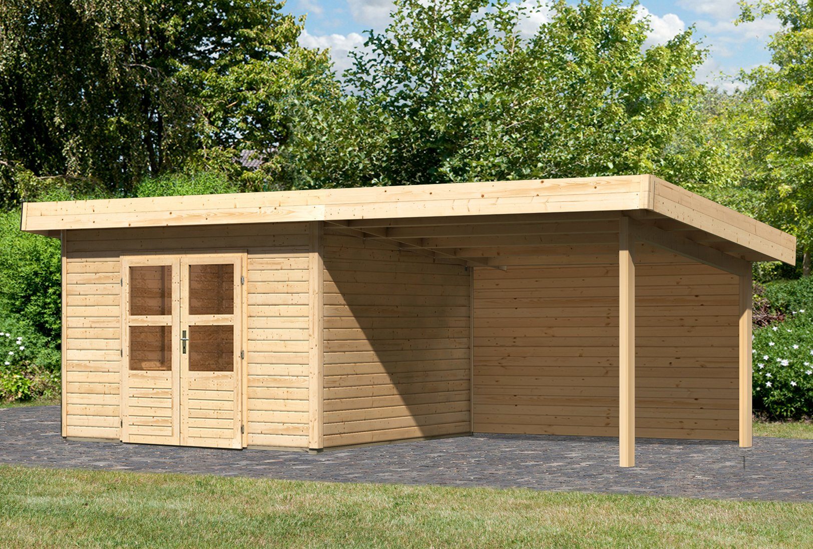 Karibu Gartenhaus Perlsee 3, BxT: 604x360 cm, (Set), mit Anbaudach
