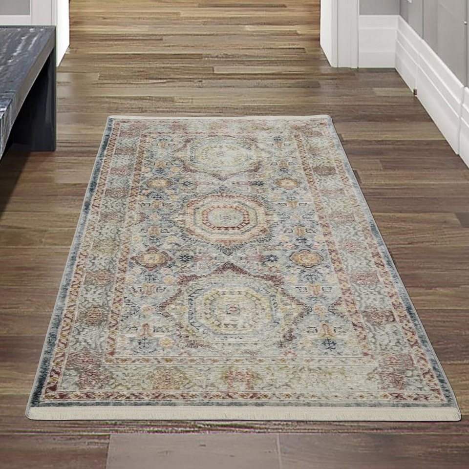 Teppich Klassisch Eleganter Vintage Teppich mit 6 Ornamenten & Fransen creme  mehrfarbig, Teppich-Traum, rechteckig, Höhe: 7 mm