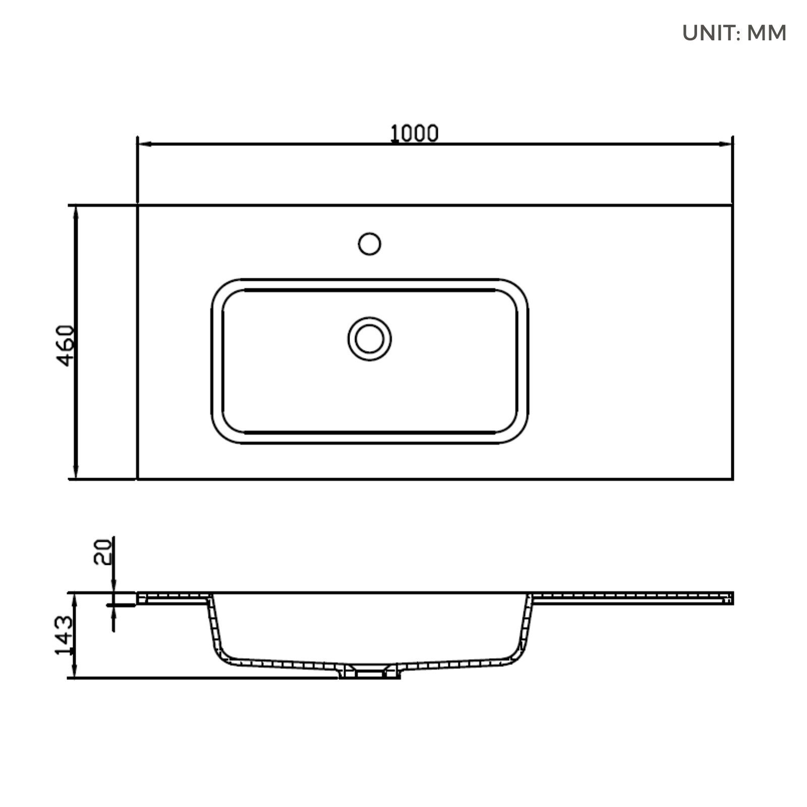 BRIDGE BENO Badmöbel-Set 100 cm Hängeschrank mit Mineralharzspüle, 2 Schubladen und Tür, Ultradünn, Soft-Close, Gerippter Akzent, Geeignet für große Badezimmer