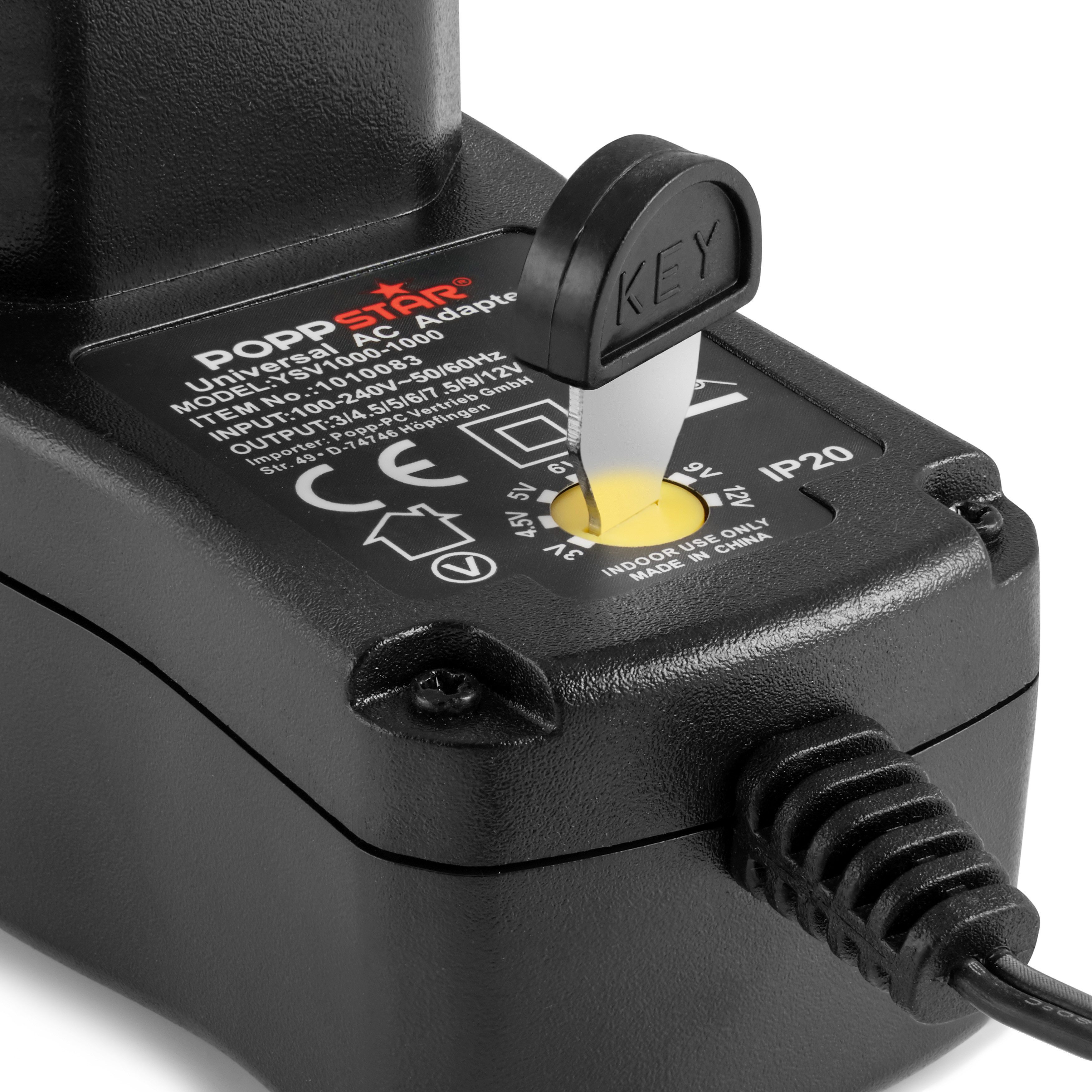 Poppstar Steckernetzteil 3/4.5/5/6/7.5/9/12 V 1A Universal-Netzteil (mit 8 Adapter-Steckern, LED-Kontrollleuchte, Kabellänge 150cm)