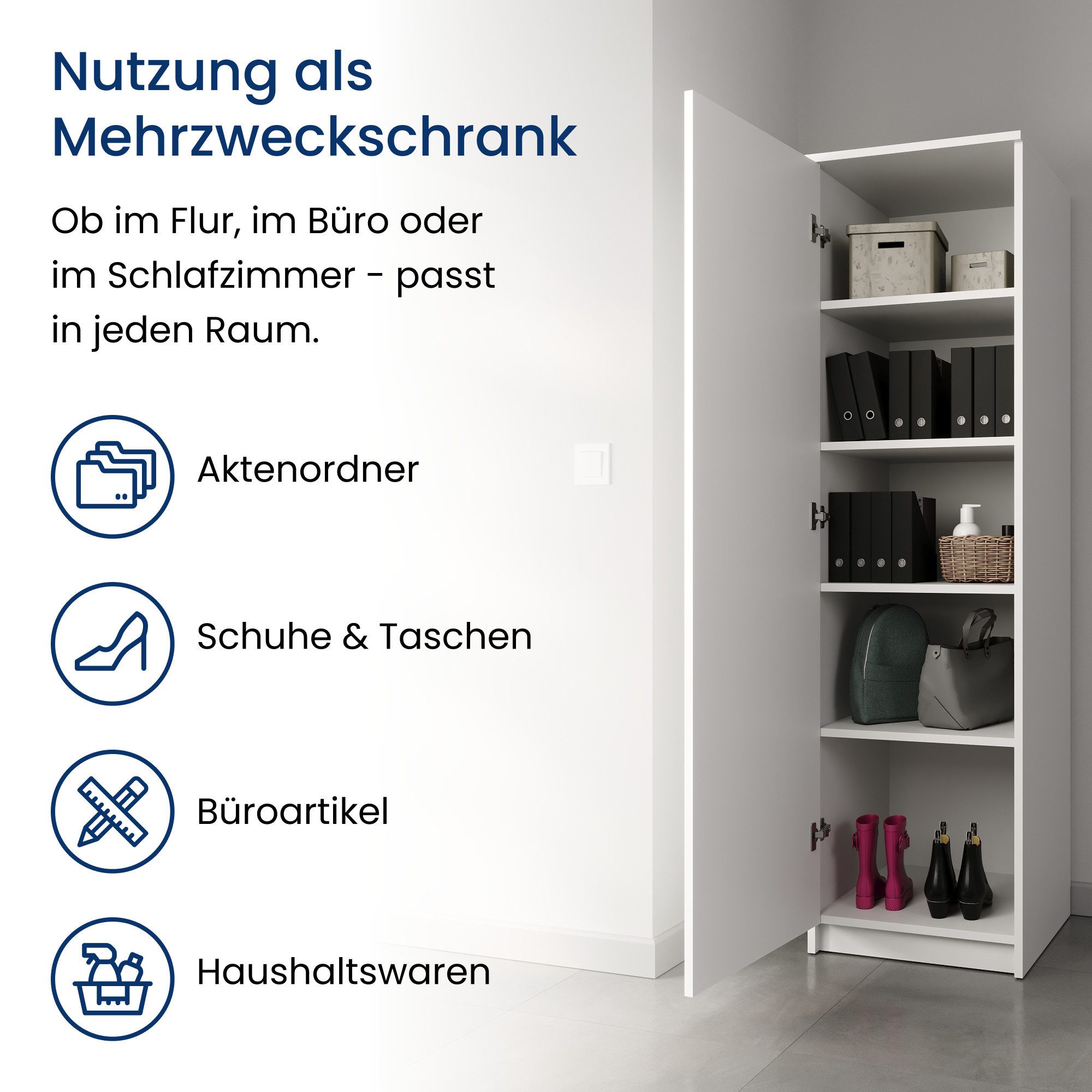 Home Collective Garderobenschrank Garderobe Mehrzweckschrank weiß 50cm Breite 180cm Höhe mit Kleiderstange und Extra-Fach, Kleiderschrank Organizer