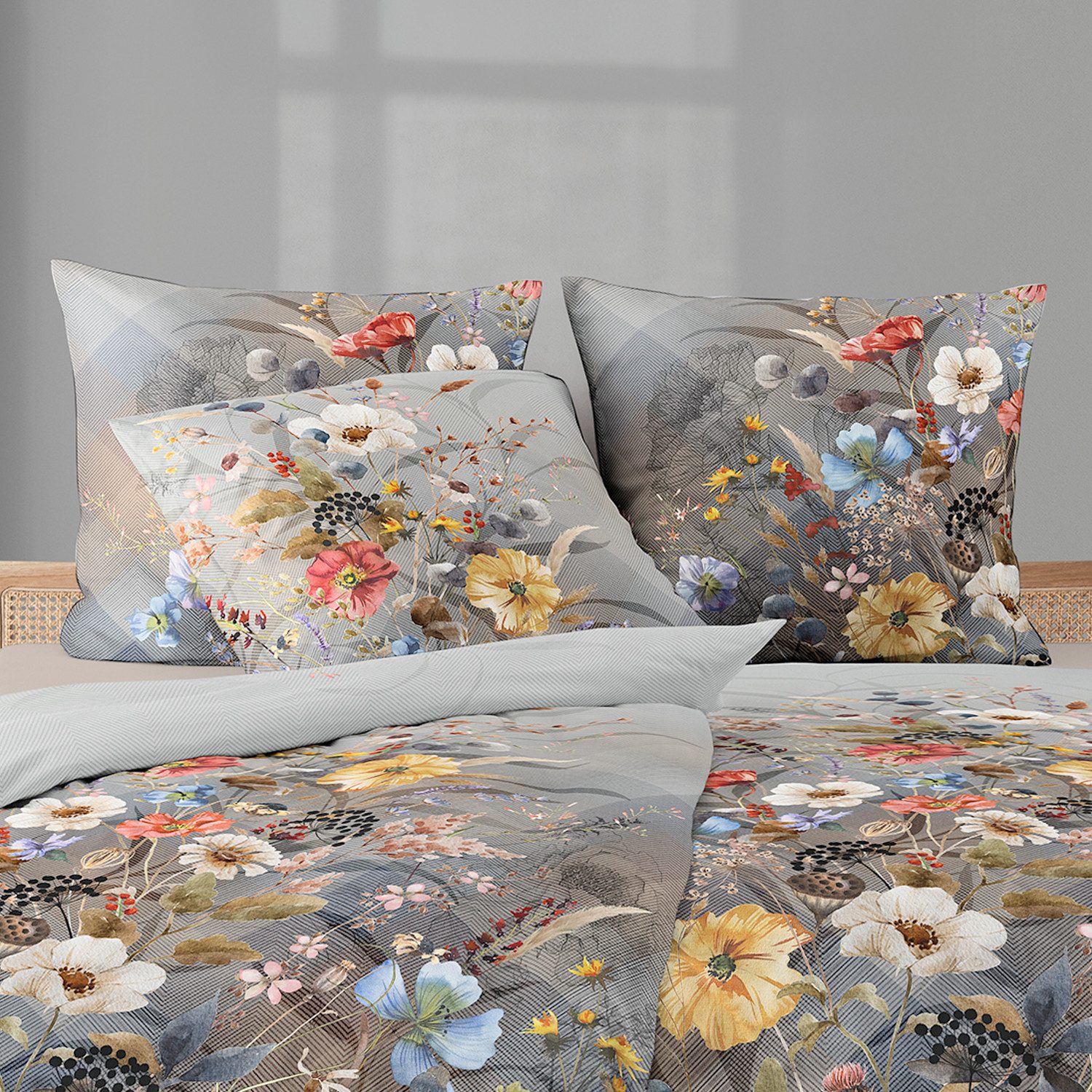 Irisette Bettwäsche Irisette Flausch Cotton Bettwäsche Zobel 8707-90 Blumen grau 135x200, Flausch-Cotton, 2 teilig