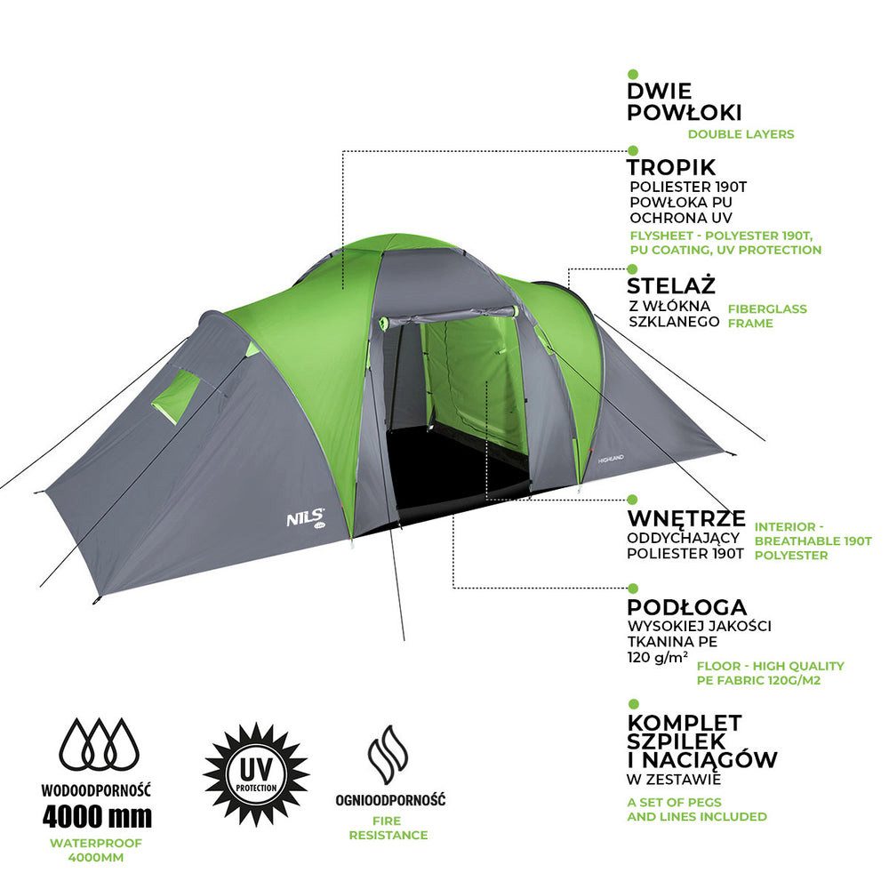 NILS CAMP Faltzelt Campingzelt Trekkingzelt, Personen: 6 (1 tlg., 6-Personen), eräumiges Trekking- und Familienzelt für Camping