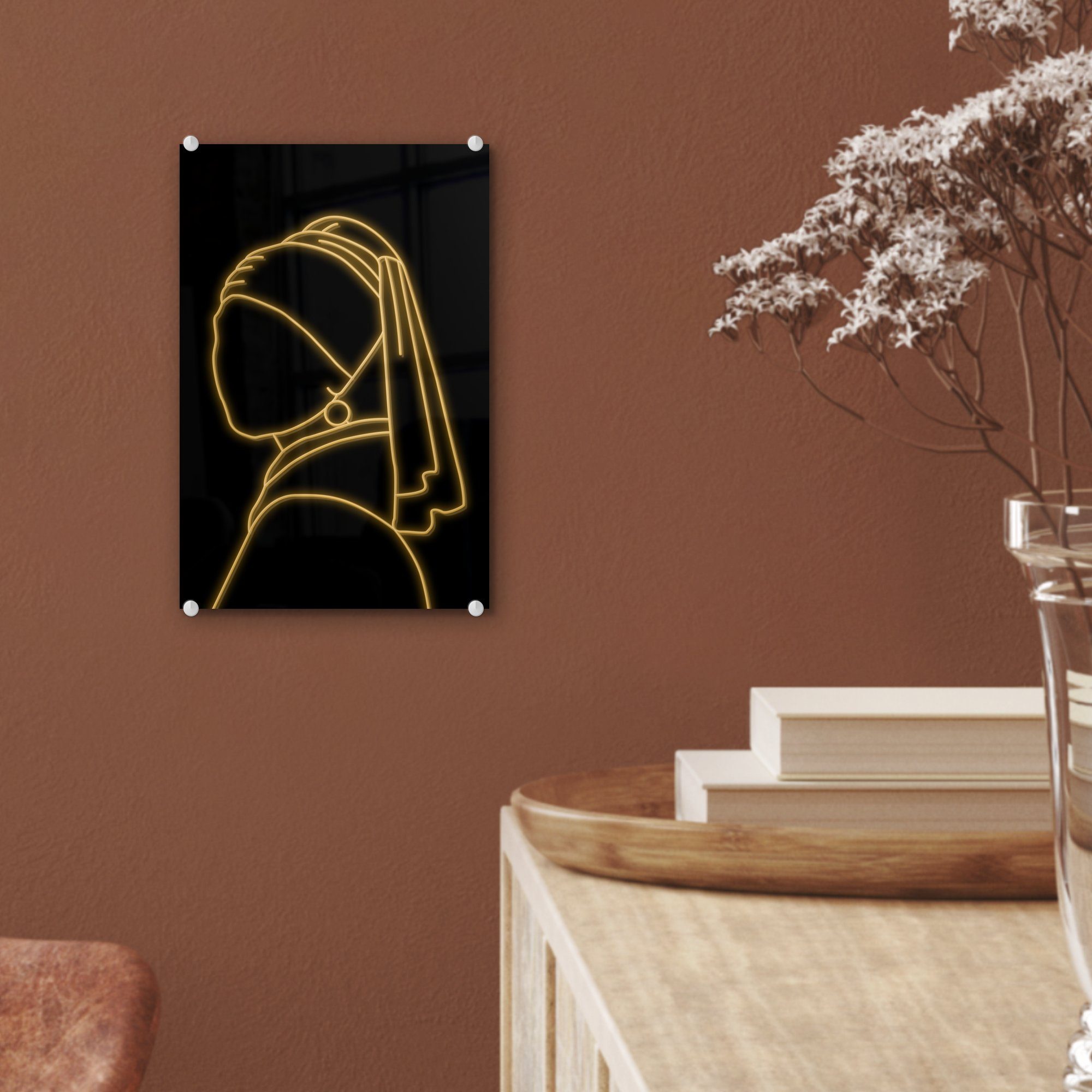 (1 St), auf Vermeer Perlenohrring Glasbilder - Glas MuchoWow - einem Glas mit Wanddekoration Acrylglasbild Wandbild Mädchen auf Johannes Gold, - Foto - Bilder -