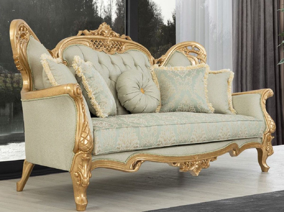 Casa Padrino Sofa Luxus Barock Sofa Hellgrün / Gold - Handgefertigtes Wohnzimmer Sofa mit elegantem Muster und Glitzersteinen - Barock Wohnzimmer Möbel - Edel & Prunkvoll