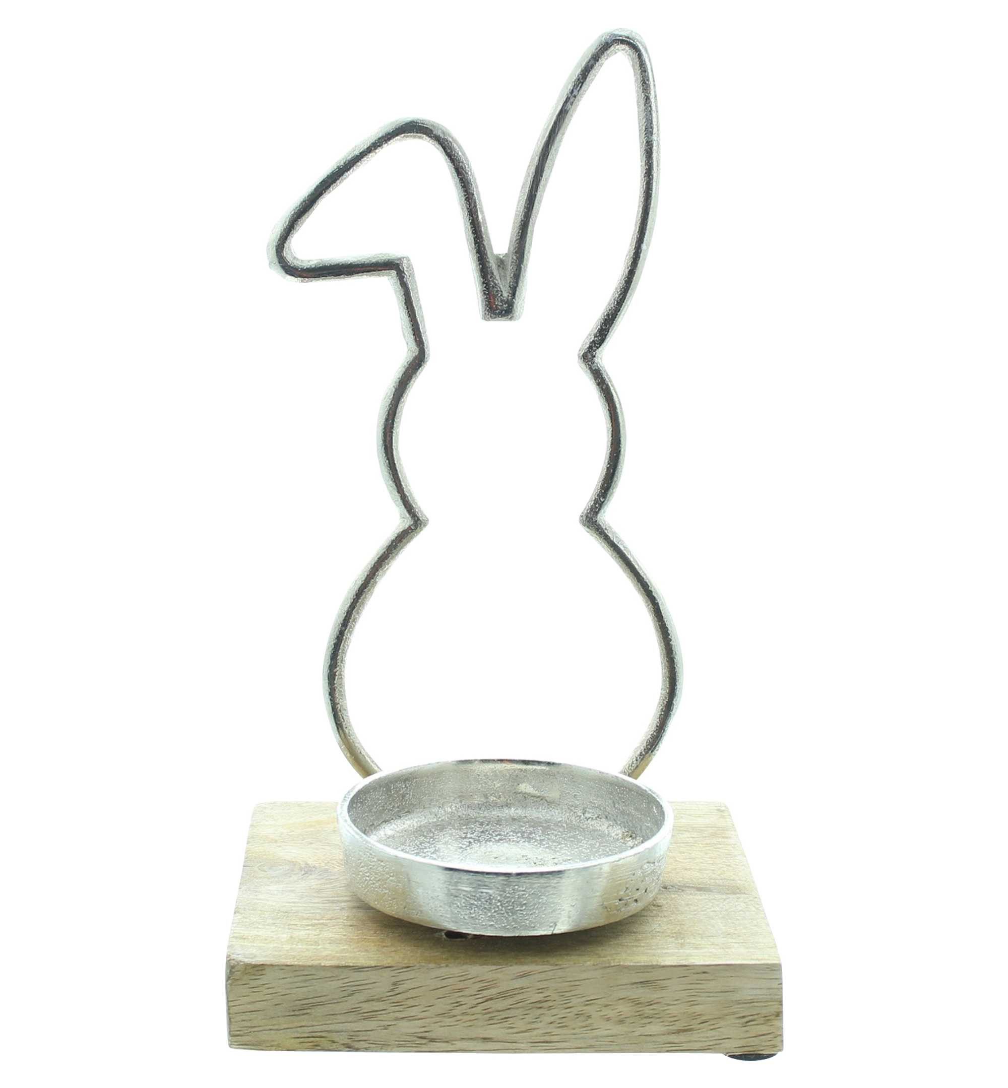 Dekoleidenschaft Teelichthalter "Hase" aus Mangoholz & Aluminiumguss 21 cm hoch Osterdeko Kerzenhalter, Teelichterhalter im Antik Design, Kerzenhalter, Teelichtständer