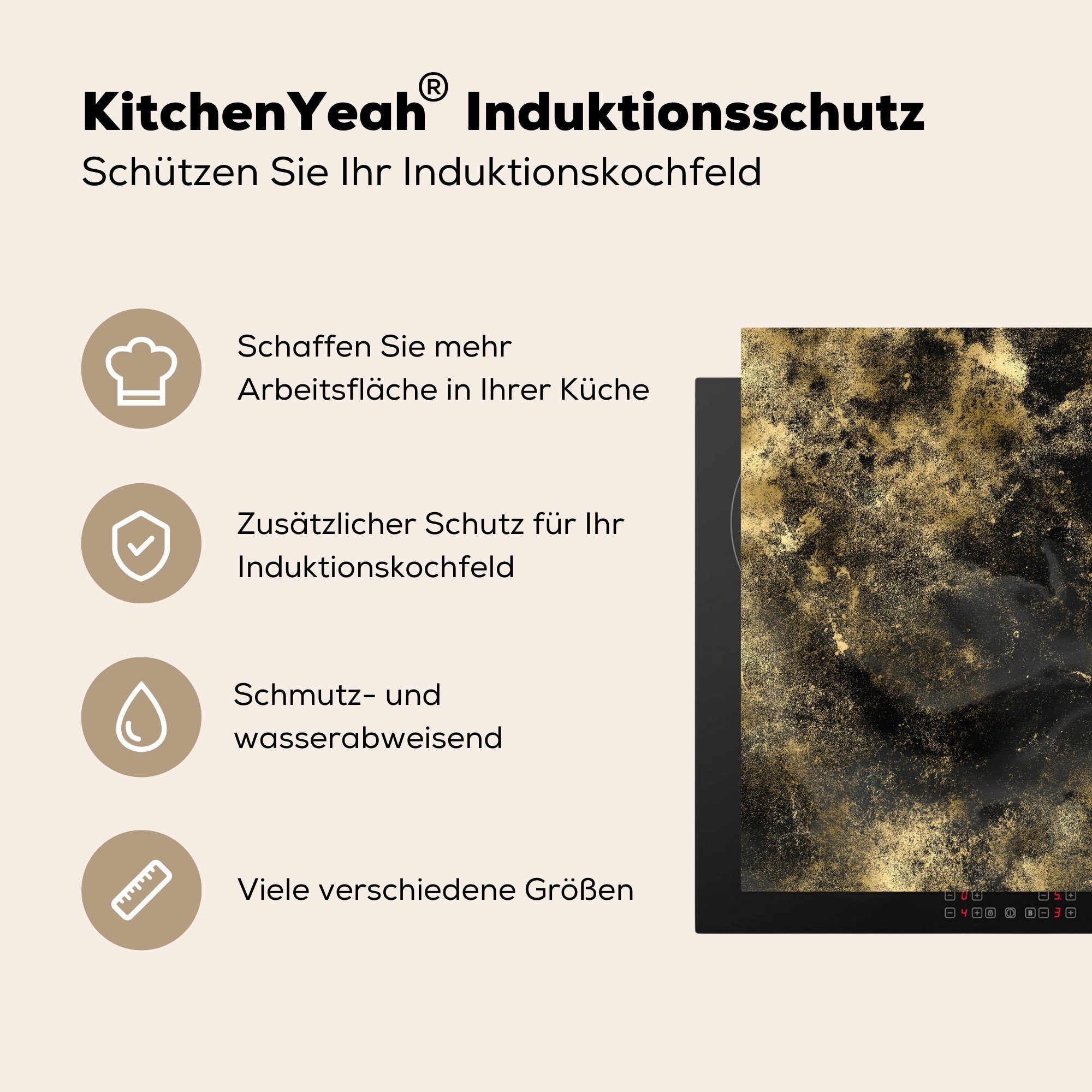 MuchoWow Herdblende-/Abdeckplatte Abstrakt - für Schwarz, Gold cm, (1 - tlg), Arbeitsplatte küche Vinyl, 78x78 Ceranfeldabdeckung