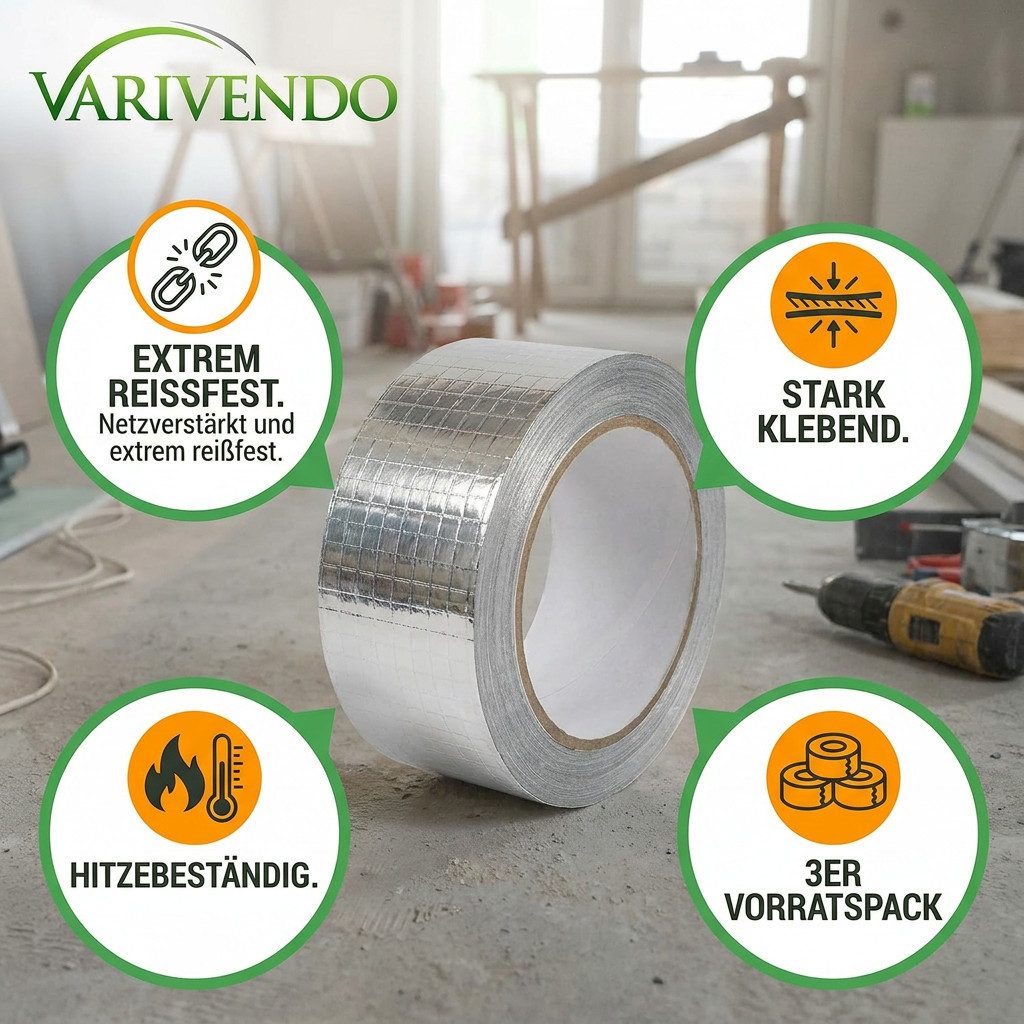 varivendo Dampfsperrklebeband 3er Set Aluminium Klebeband netzverstärkt 43 mm x 20 m (Rollen, 3-St., Aluminium Klebeband) Aluband Aluminiumband Aluminiumklebeba – Bild 4 von 5
