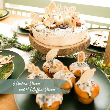 PAPIERDRACHEN Tortenstecker Caketopper zu Weihnachten - Kuchenstecker - aus Holz, 12 Muffinstecker l 5 Kuchenstecker l 1 Holz-Schriftzug