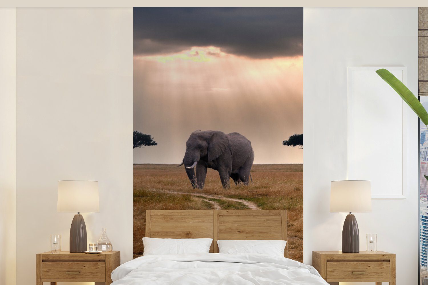 MuchoWow Fototapete Elefant - Tiere - Wiese - Sonne, Matt, bedruckt, (2 St), Vliestapete für Wohnzimmer Schlafzimmer Küche, Fototapete
