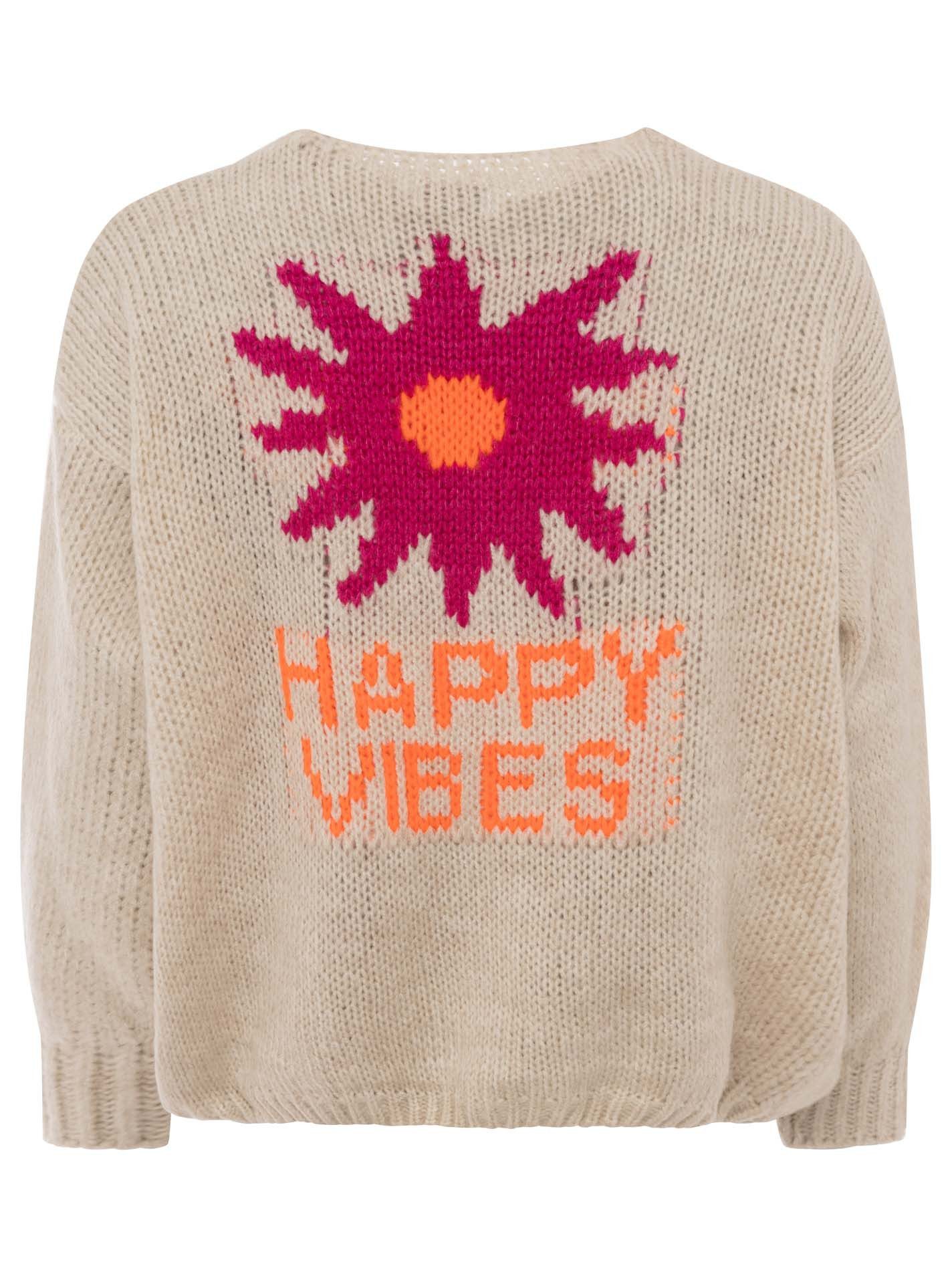 Zwillingsherz Cardigan "Happy Vibes" Knopfleiste, großes Motiv mit Blume und Schrift hinten, One Size – Bild 4 von 5