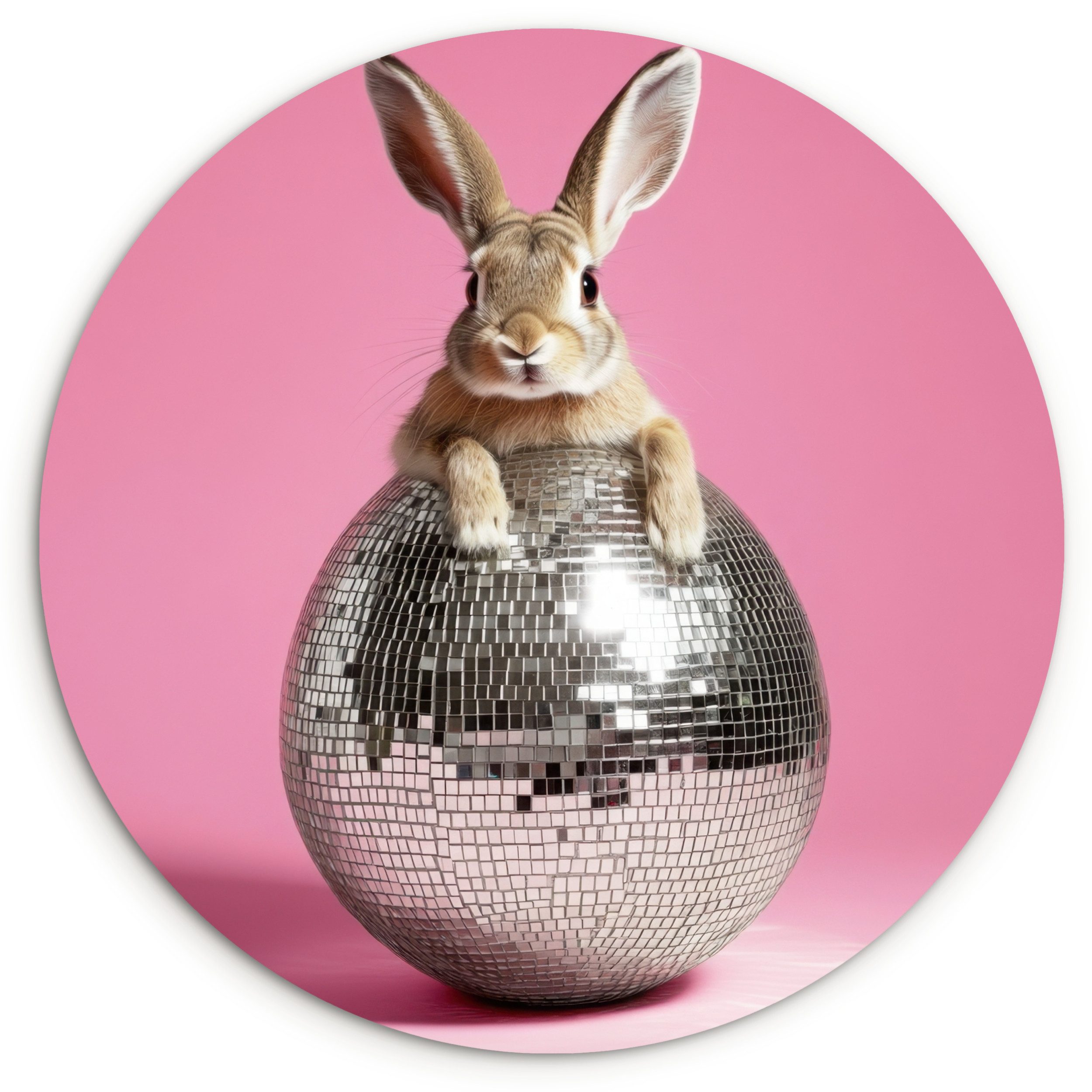 MuchoWow Gemälde Hase - Schleife -Diskokugel, Fotodruck (1 St), Kreis Wanddekoration, Rundes Wandbild, 30x30 cm