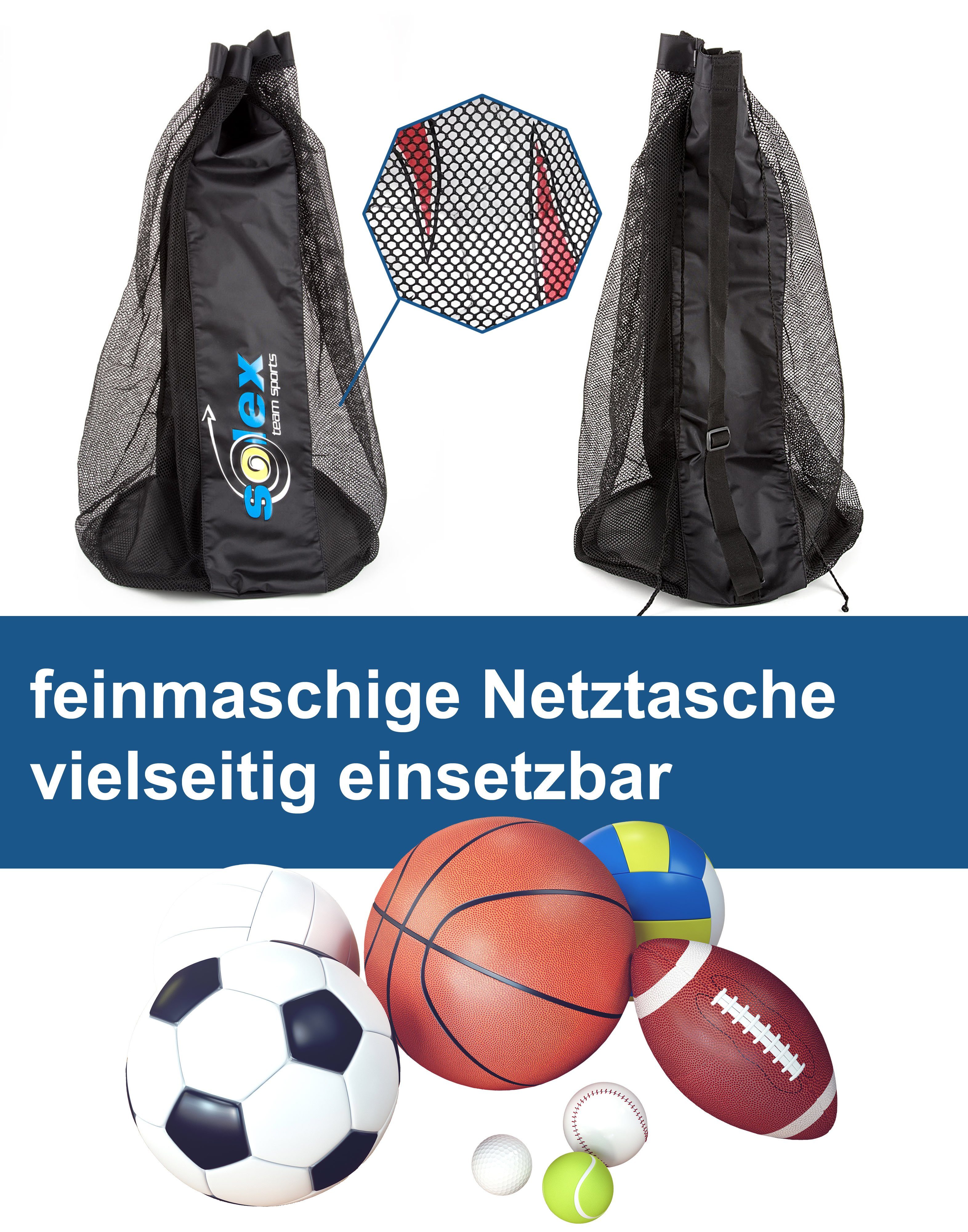 solex sports Balltasche Ballsack Multi Sport 10 Schultergurt Bälle Ballnetz, verstellbarer Tragegurt 15 feinmaschiges 