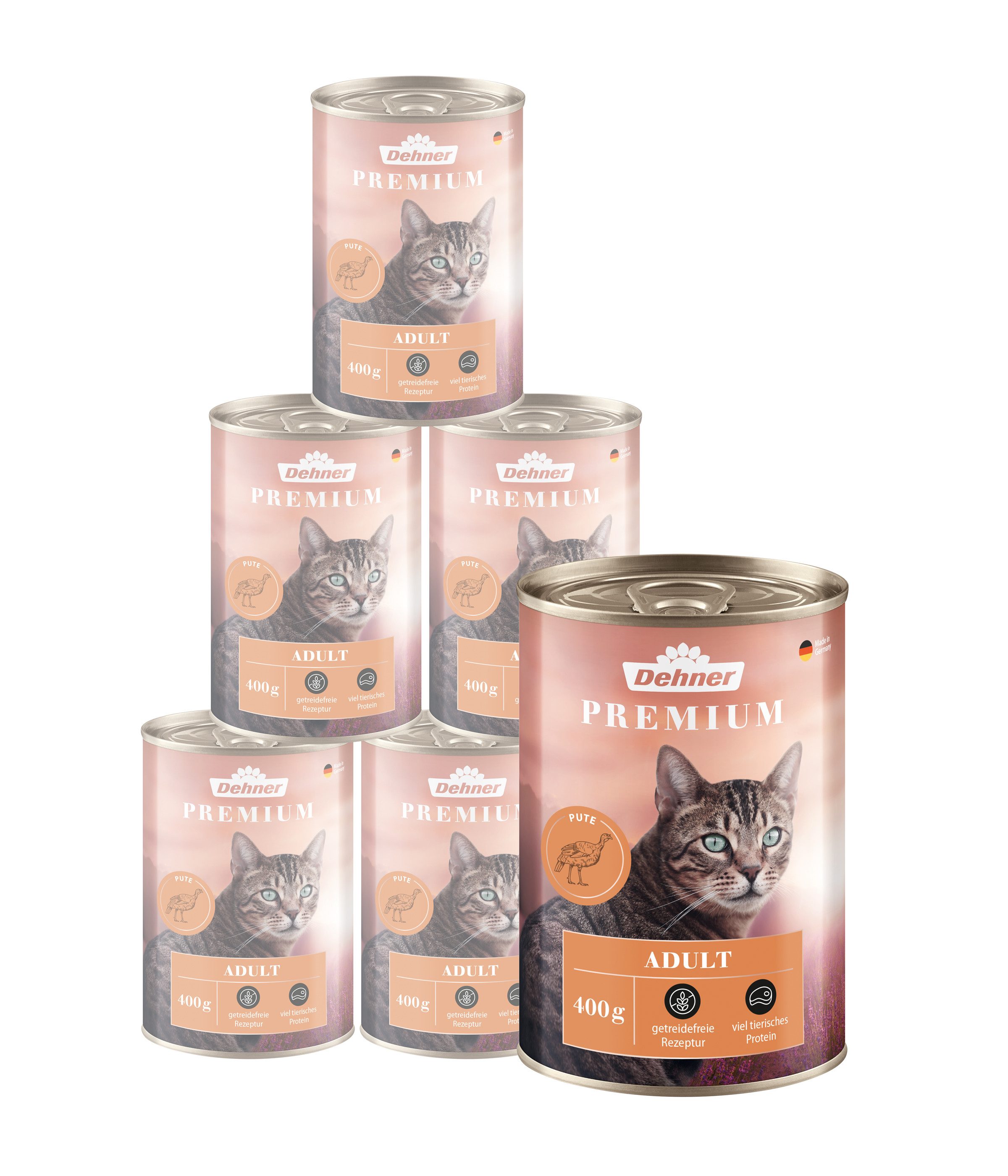 Dehner Premium Adult Geflügel, versch. Sorten, 6 x 400 g Dose (2.4 kg) Pute, Nassfutter für: Katze, Nassfutter für ausgewachsene Katzen, getreidefrei