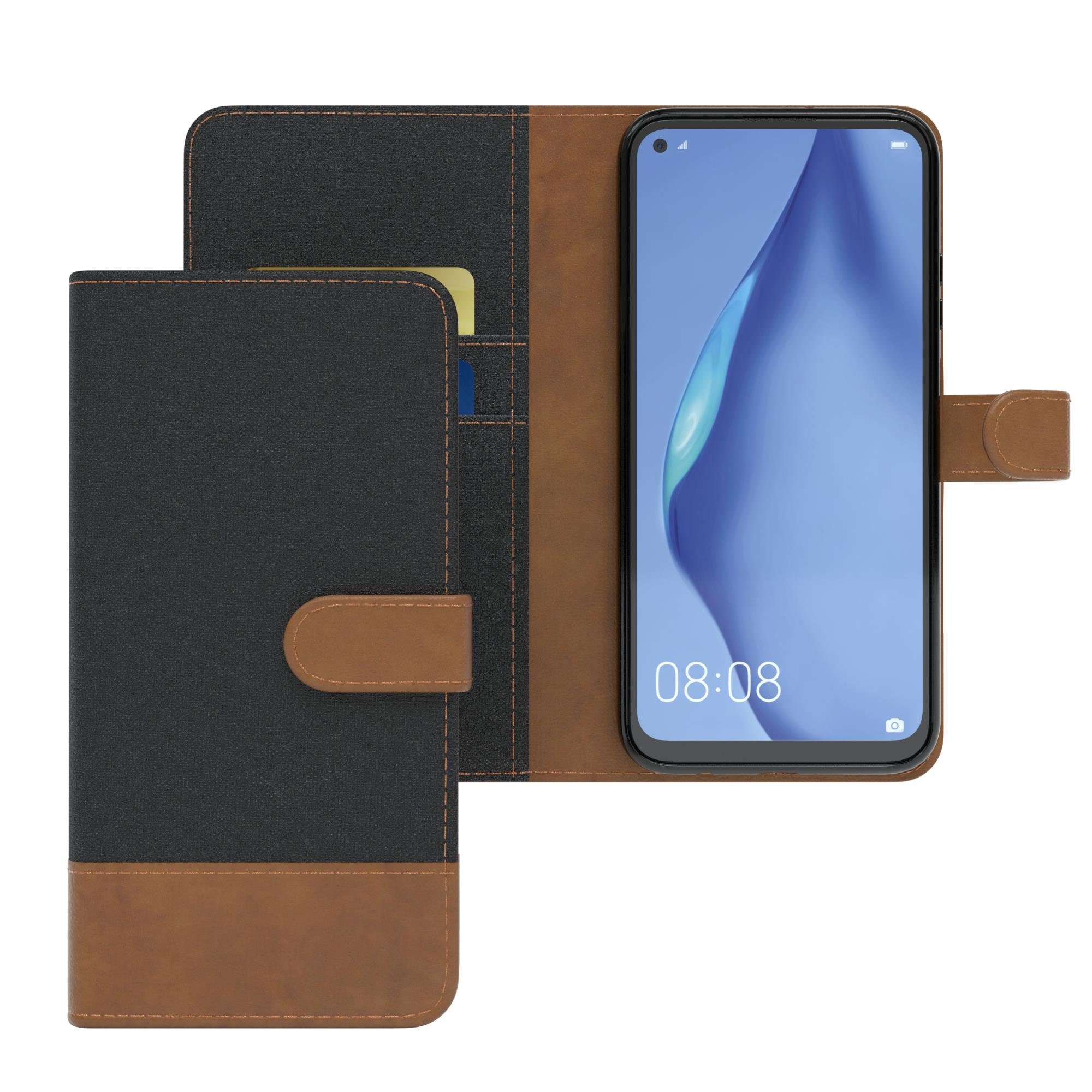 EAZY CASE Handyhülle Bookstyle Jeans für Huawei P40 Lite / Nova 7i 6,4 Zoll, Handytasche Jeans mit Standfunktion und Visitenkartenfach Schwarz