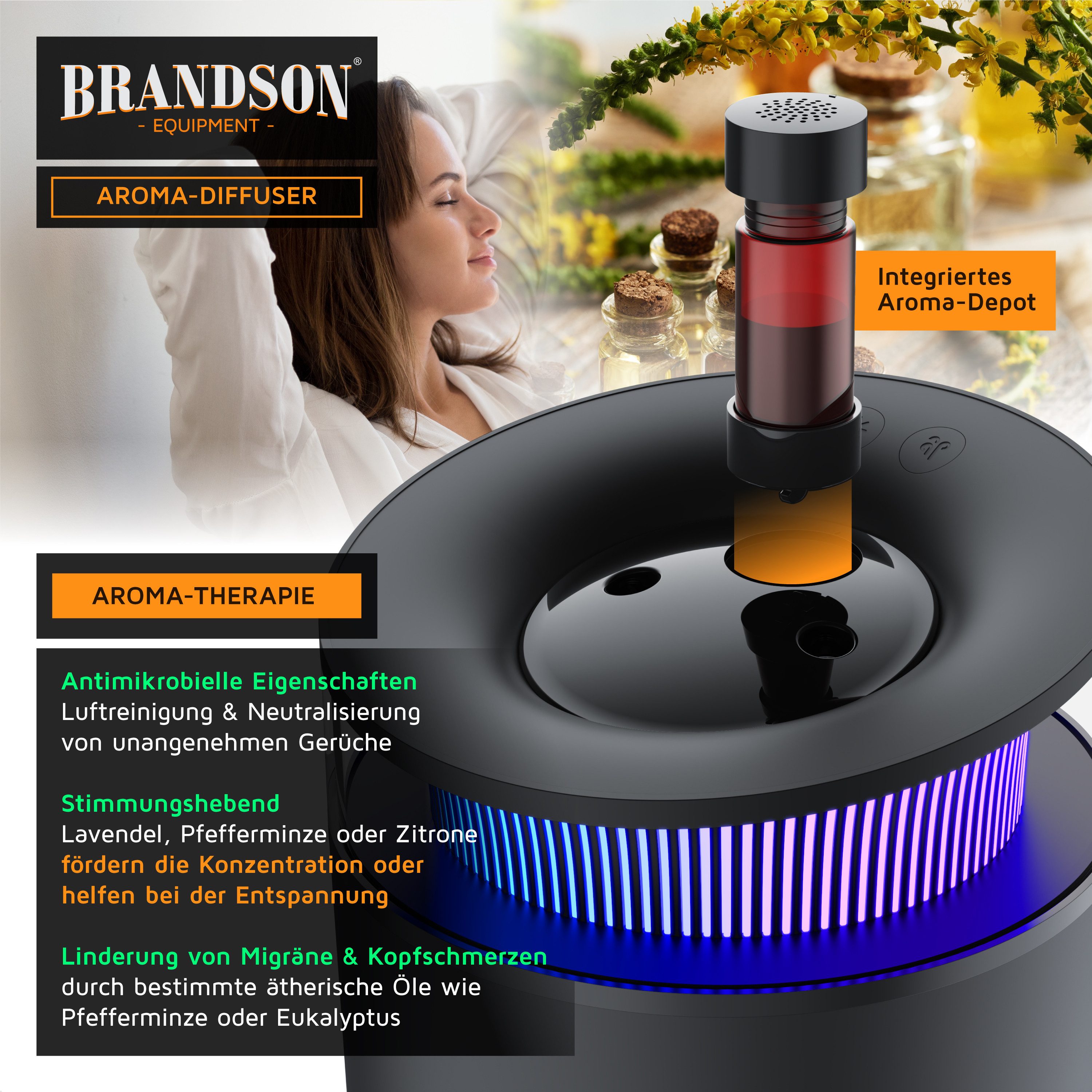 Brandson Luftbefeuchter 2,5 L, leise, 7 LED Farben Stimmungslicht, 2 schaltbare Dampfausgänge, 2,5 l Wassertank, mit Aromaöl-Fläschchen 10 ml, für 20m² Wohn- & Schlafzimmer, Yoga, Spa