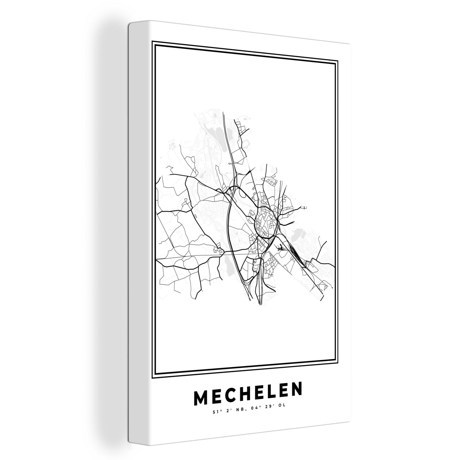 Leinwandbild Stadtplan (1 Mechelen - - Leinwandbild cm Karte, weiß OneMillionCanvasses® Zackenaufhänger, Karte bespannt fertig 20x30 Belgien - Schwarz und St), inkl. - - Gemälde,