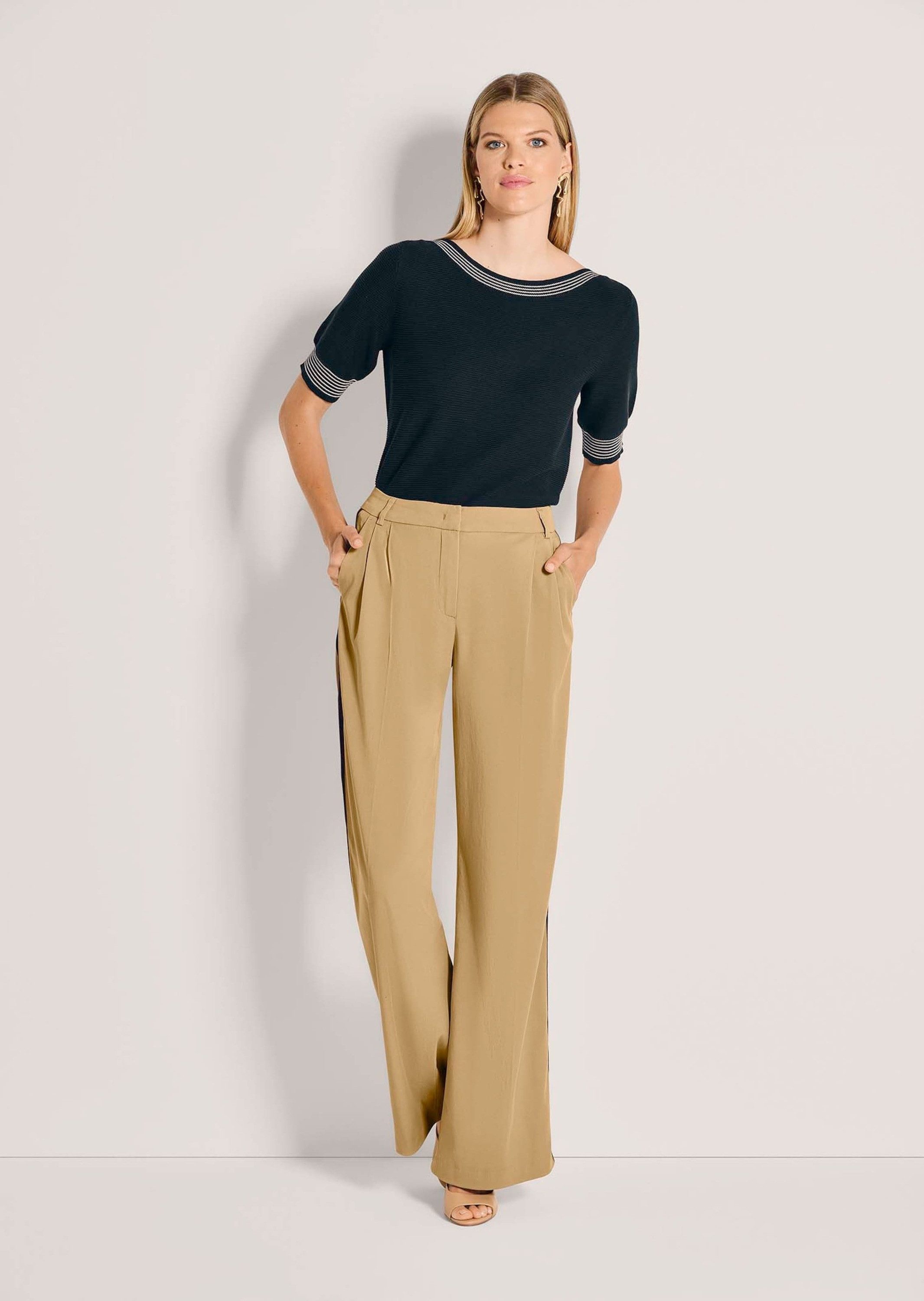 MADELEINE Palazzohose Baumwollhose mit Galonstreifen Palazzohose mit Formbund, Gürtelschlaufen, Taschen und Knöchellänge