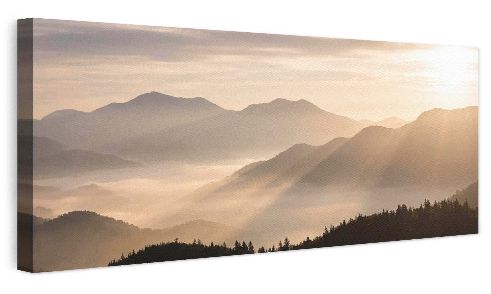 OneMillionCanvasses® Leinwandbild Panorama Berge - Nebel - Sonnenstrahlen, Fotodruck (1 St), Wandbild, Deko Schlafzimmer Wohnzimmer Flur …