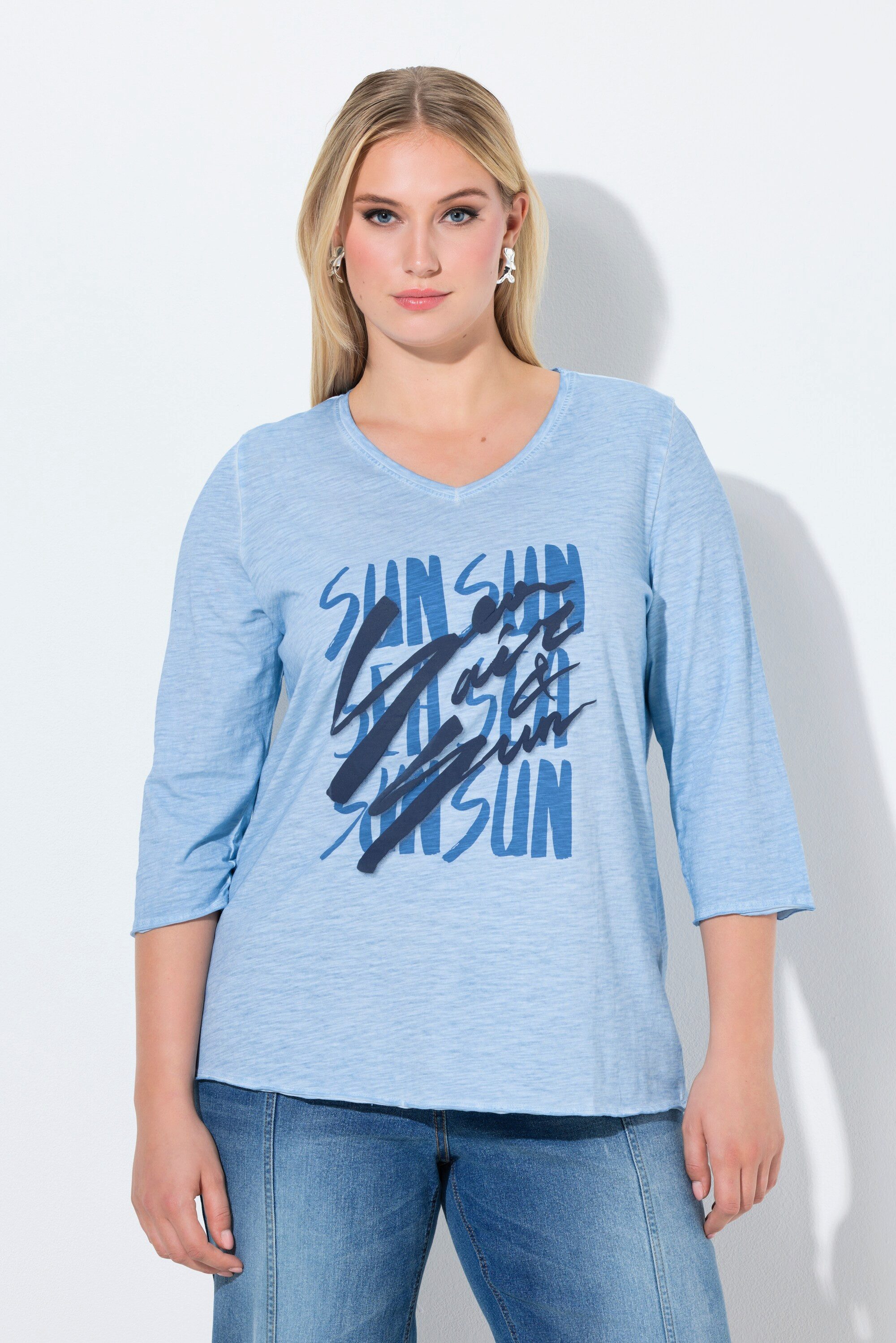 T-Shirt Shirt Schriftmotiv Classic V-Ausschnitt 3/4-Arm