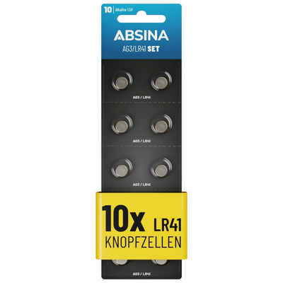 ABSINA 10x AG3 LR41 Knopfzelle 1,5V Alkaline - Knopfzellen Batterien Batterie Knopfzelle, (1 St)