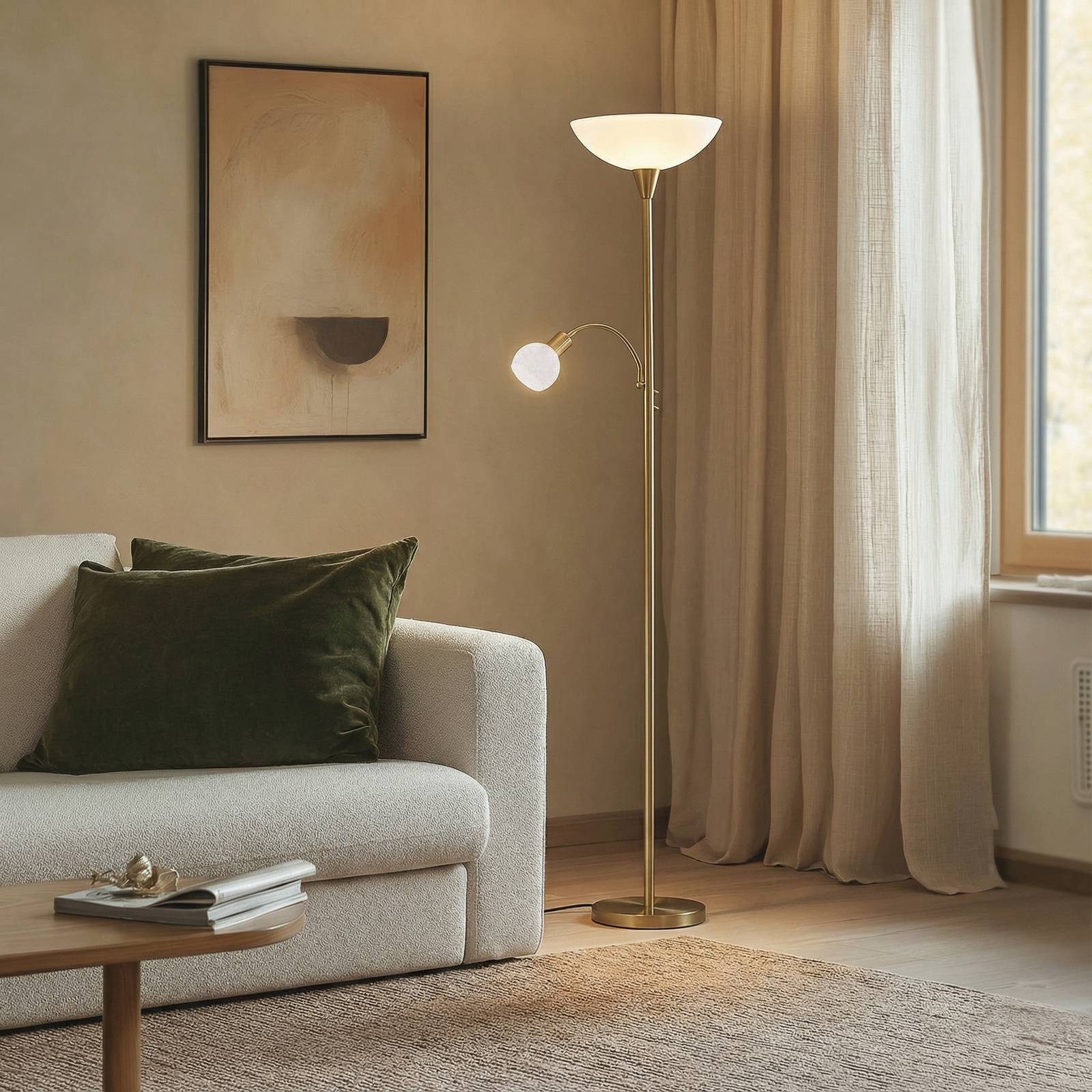 Lindby Stehlampe Elaina, Metall, Gold / Messing IP20, 1 x 15 W LED E27 + 1 x 8 W LED E14
