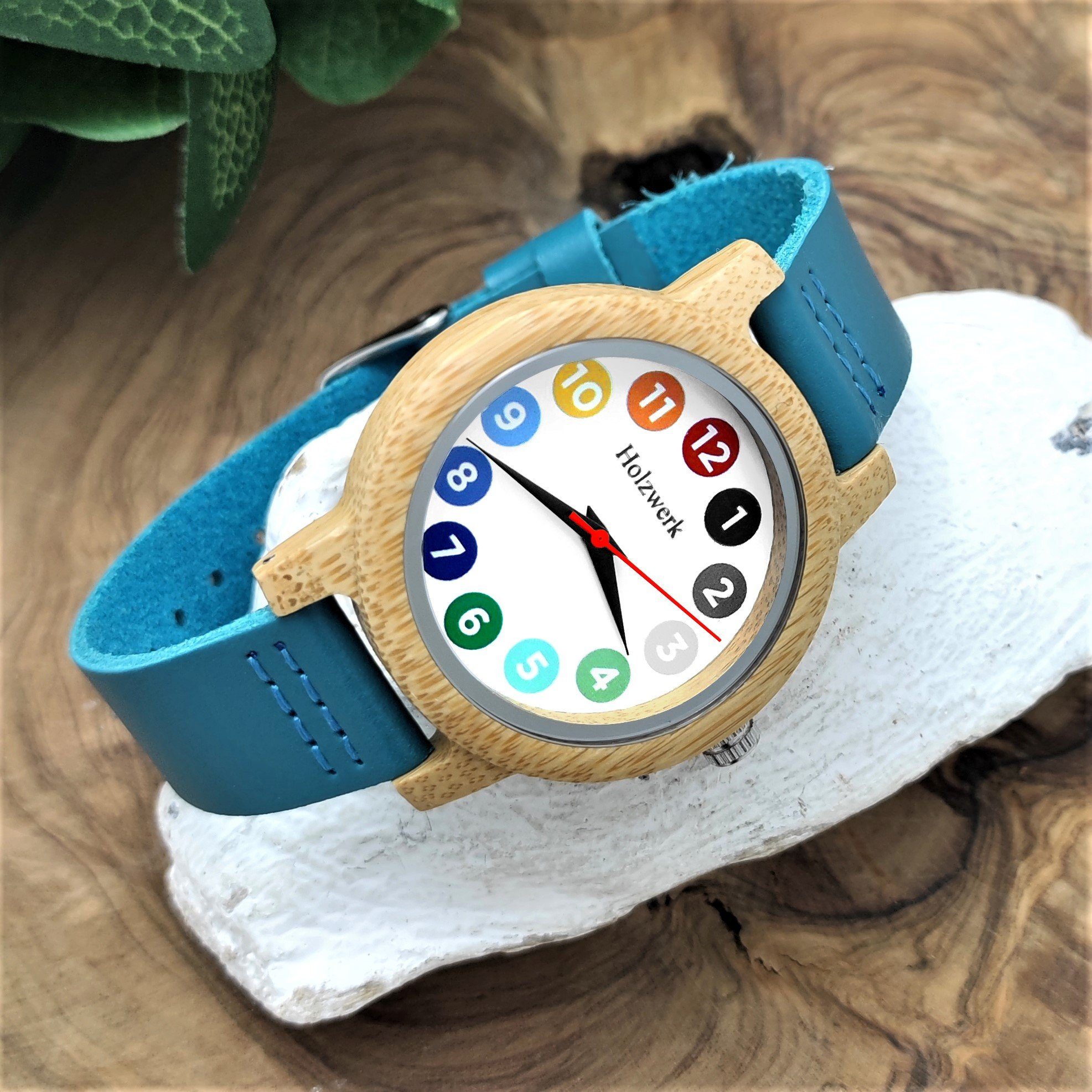 Holzwerk Quarzuhr LIL RAINBOW BLUE bunte Kinder Leder & Holz Armband Uhr, türkis blau