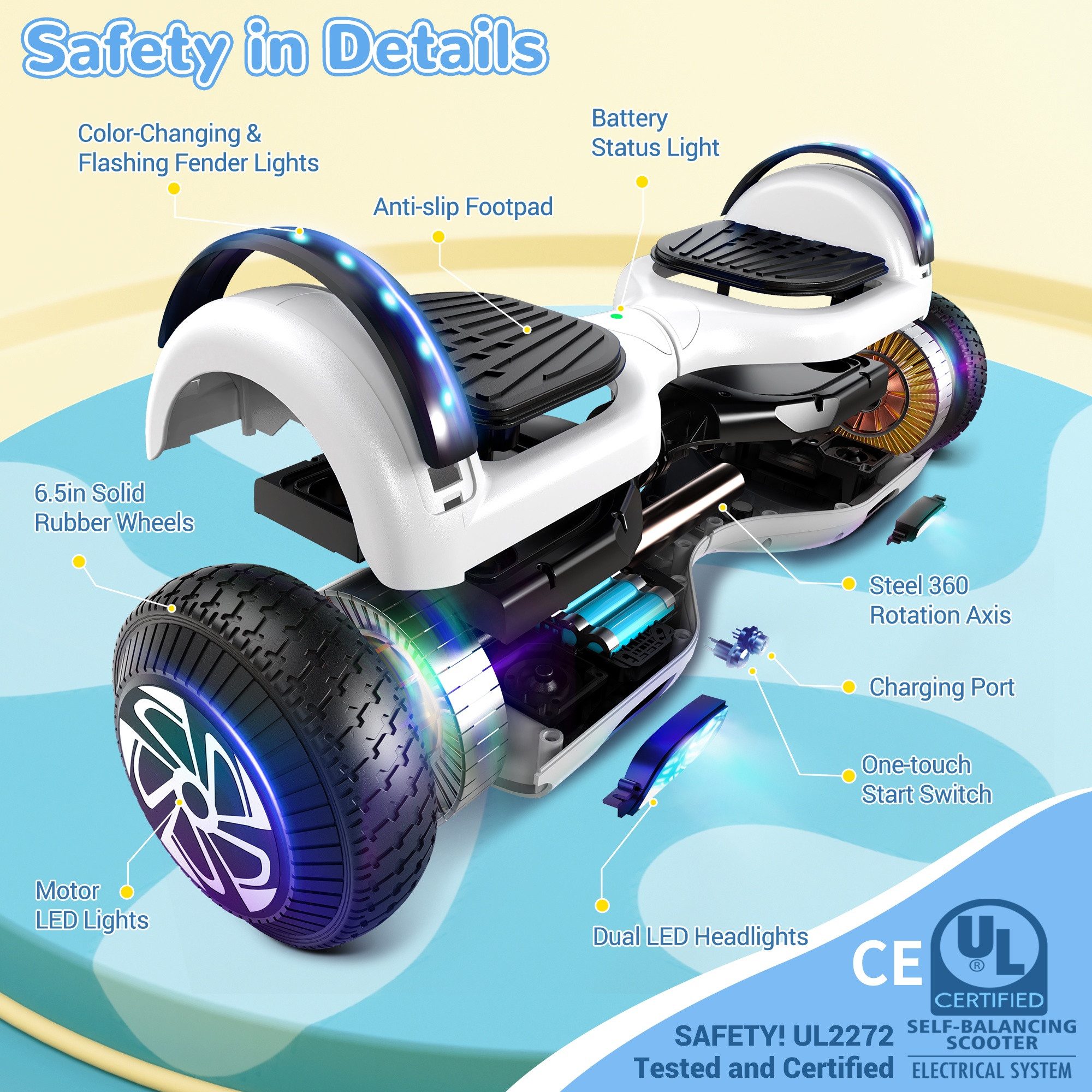SISIGAD Balance Scooter 6,5 Zoll Dualmotorräder, Hoverboard mit LED-Licht, Smart Bluetooth, 10 km/h, Hoverboard mit LED Lichter Bluetooth,Geschenk für Kinder