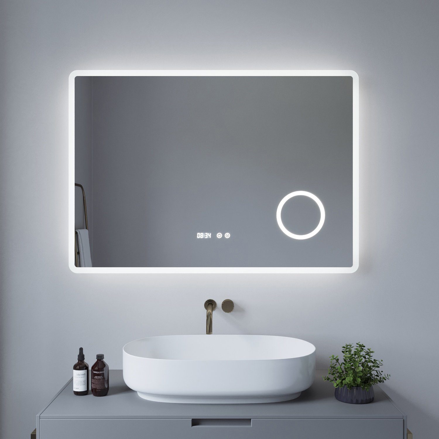 AQUALAVOS Badspiegel Badspiegel mit LED Beleuchtung Beschlagfrei Kosmetikspiegel mit Uhr, 3 fach-Vergrößerung Schminkspiegel, dimmbar, Kaltweiß, Energiesparend