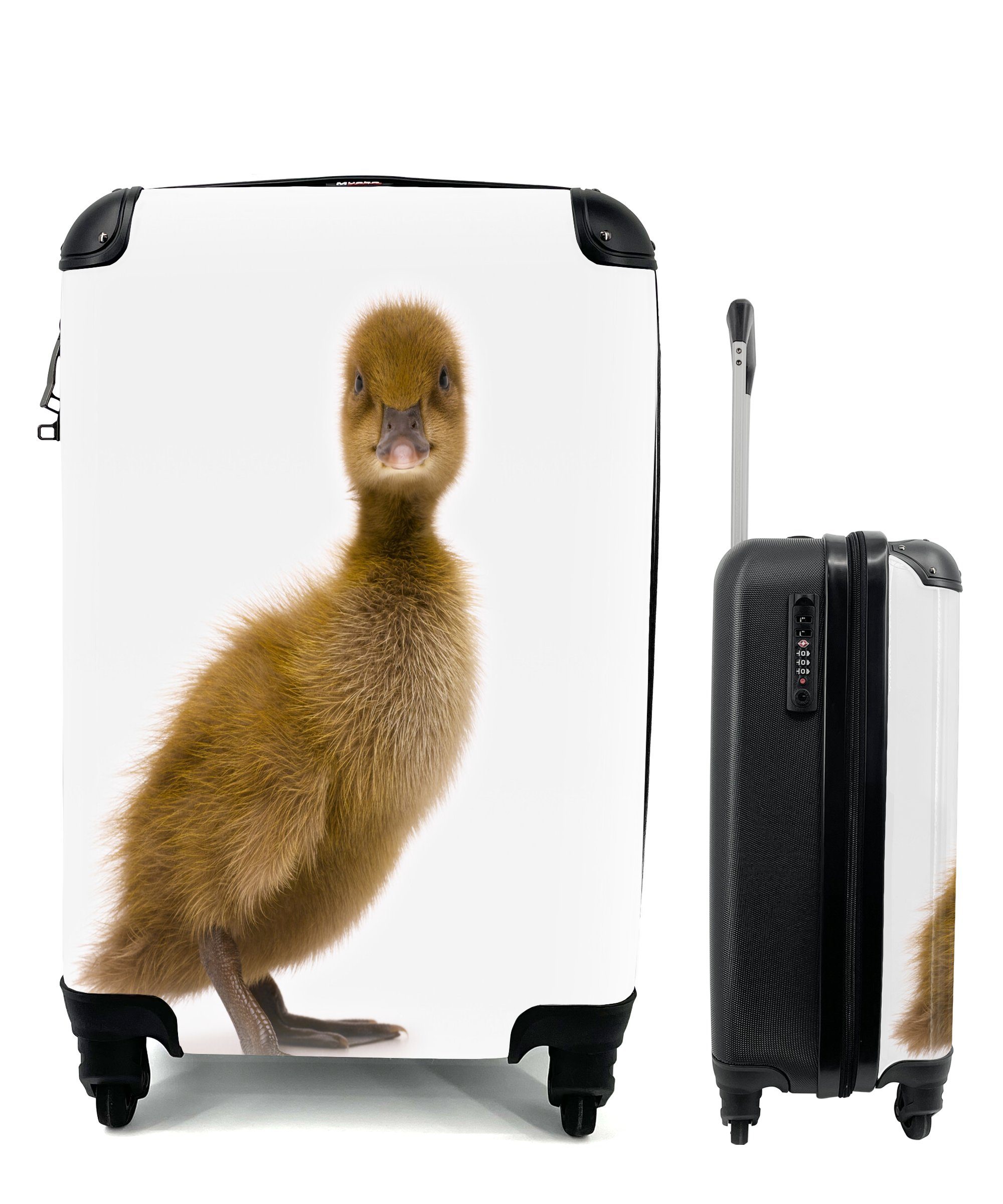 MuchoWow Handgepäckkoffer Baby-Ente schaut in die Kamera, 4 Rollen, Reisetasche mit rollen, Handgepäck für Ferien, Trolley, Reisekoffer