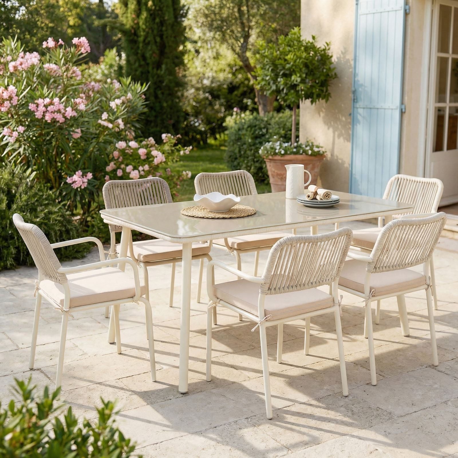 IDIMEX Garten-Essgruppe VOLONTE, 160x90 cm Balkontisch mit gehärteter Glasplatte & Rope Detail Beige