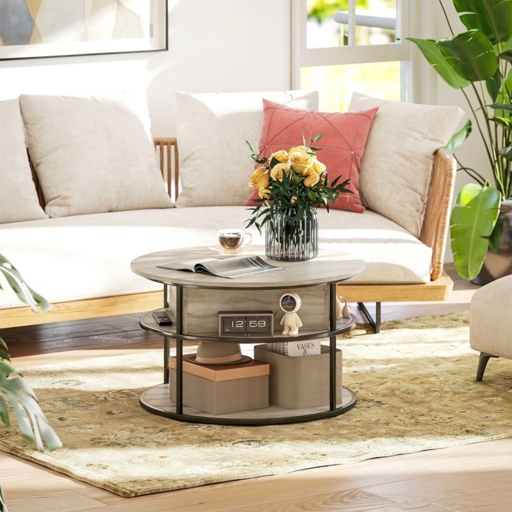 REDOM Couchtisch Sofatisch Eiche Rund mit Liftplatte und integrierter Ablage (Packung, 1-St., Kaffeetisch für Wohnzimmer mit funktionaler Tischgestaltung), Beistelltisch mit Stahlrahmen und seitlichen Fächern Design