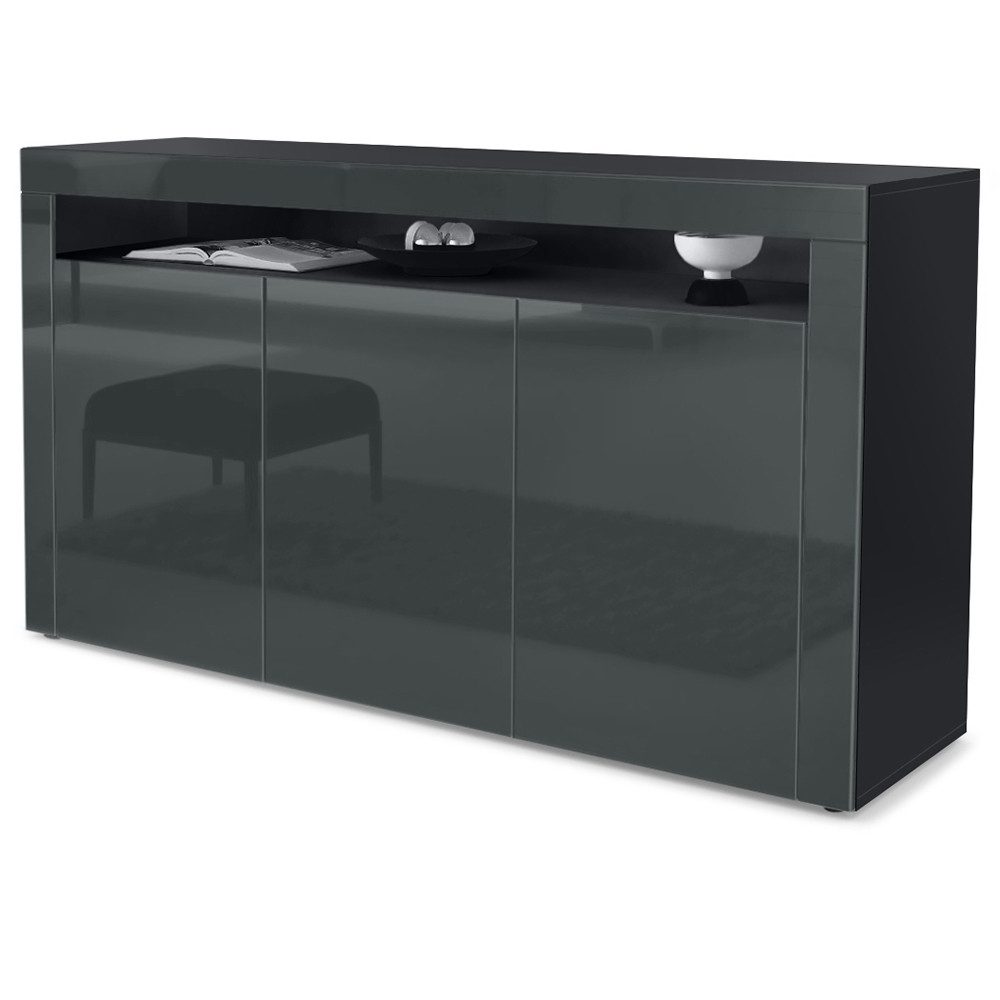 Vladon Sideboard Valencia (Sideboard, mit 3 Türen und 1 offenem Fach), Schwarz matt/Grau Hochglanz/Grau Hochglanz (155 x 92 x 40 cm)