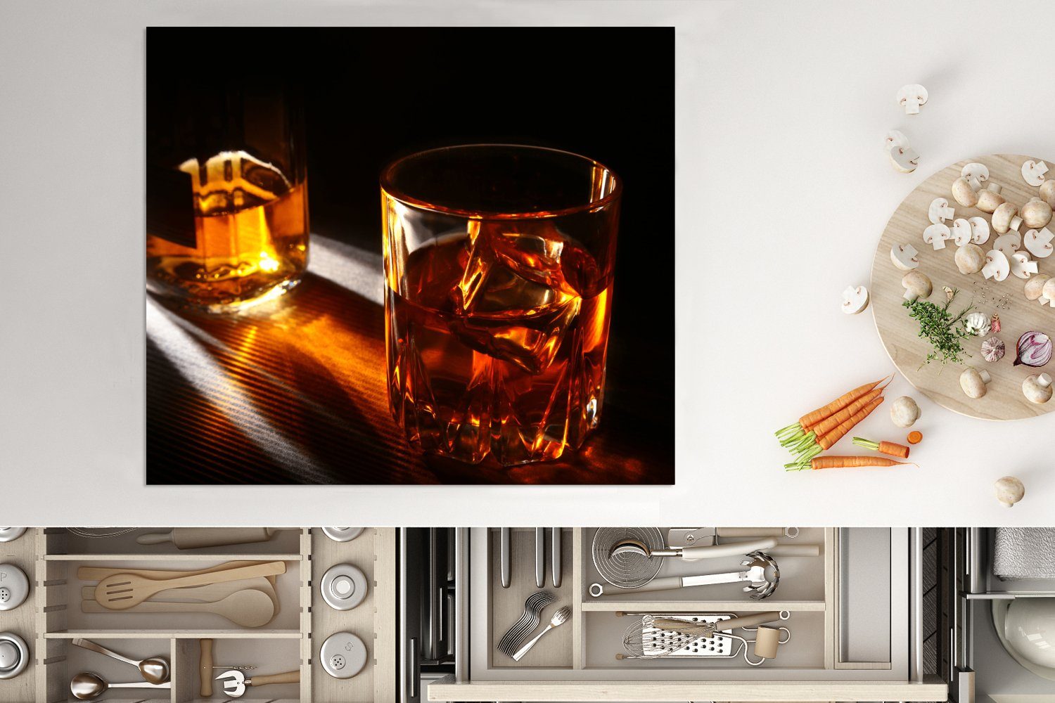 MuchoWow Herdblende-/Abdeckplatte Gläser - - Ceranfeldabdeckung Whiskey Induktionsschutz Vinyl, (1 tlg), cm, 60x52 Getränk, Mobile nutzbar, - Arbeitsfläche