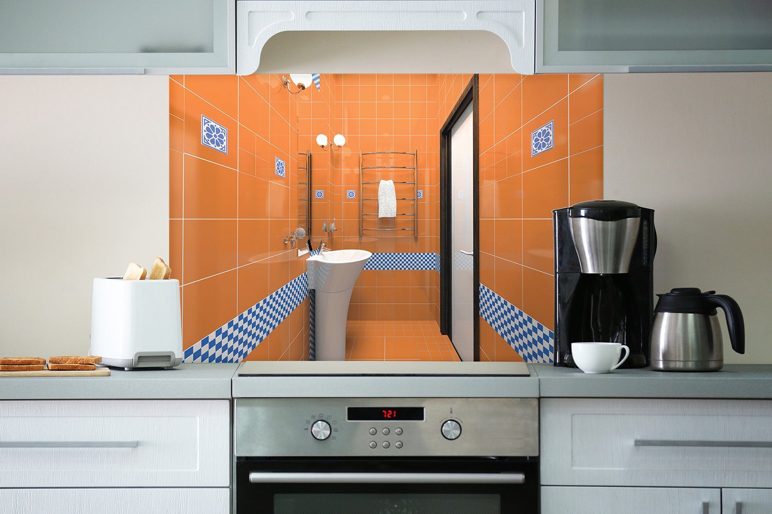 in orange (1-tlg) mit Küchenrückwand Fliesen, Modernes blauen Wallario Badezimmer