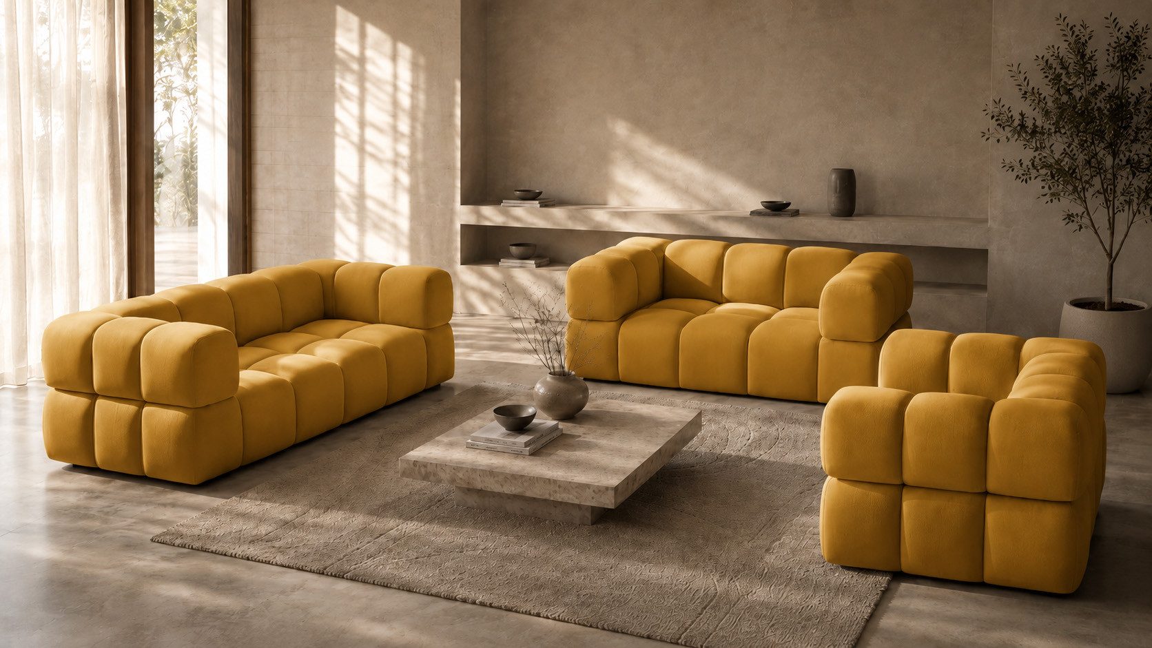 Kaiser Möbel Wohnzimmer-Set 3+2+1 in Bluvel Samtstoff, AVERRO