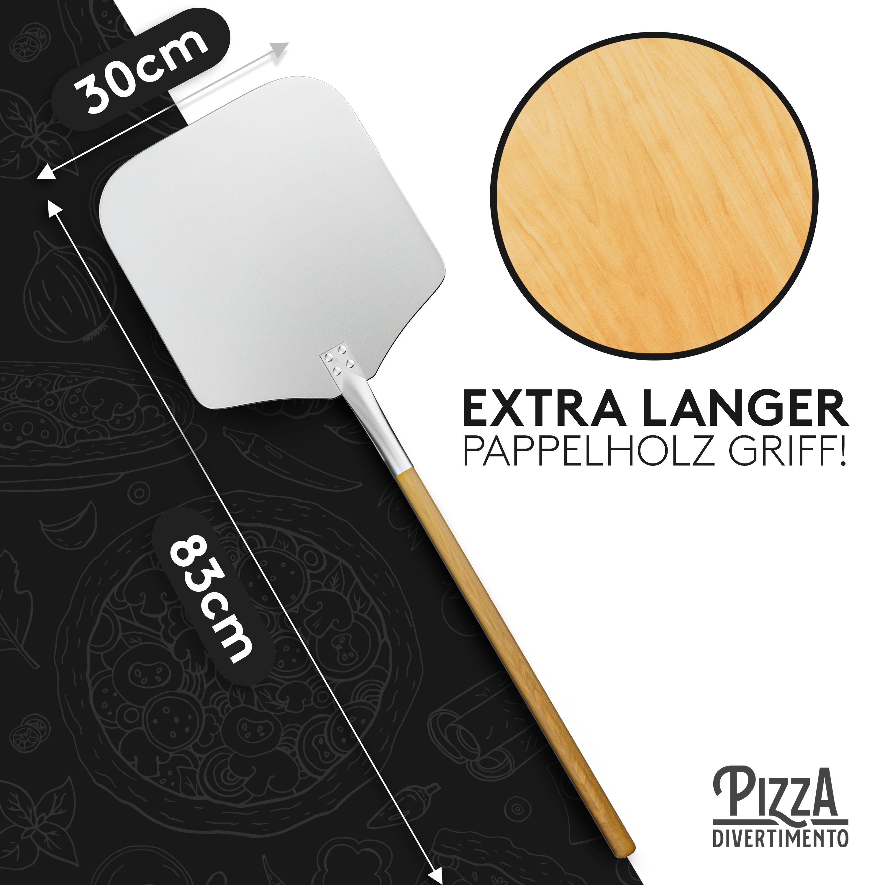 Pizza Divertimento Pizzaschieber aus rostfreiem Aluminium & Pappelholz [83 cm], hitzebeständig, abgeflachte Kanten, stabil