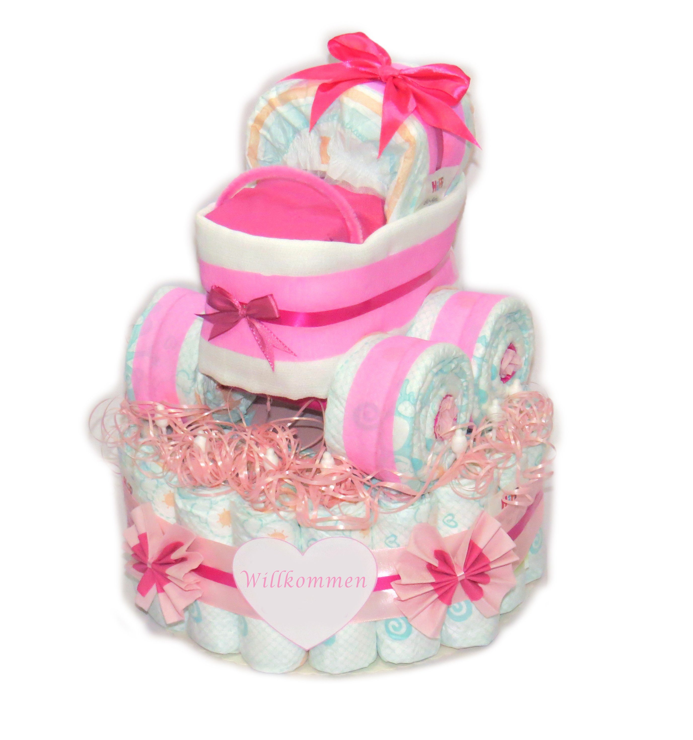 Geschenketorten-Gebhardt Windeln Windeltorte mit Windelkinderwagen, Windelgeschenk für Mädchen