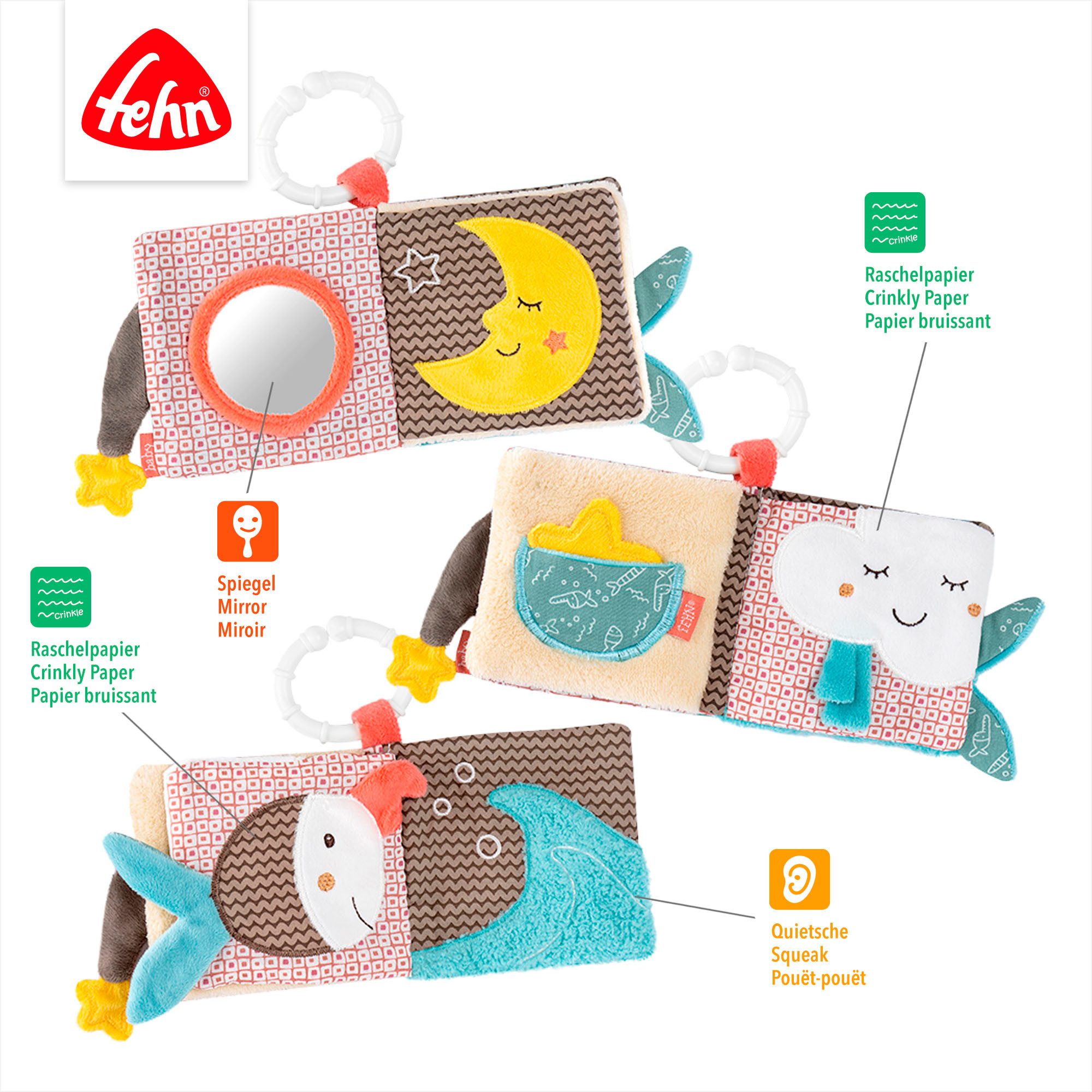 Fehn Greifspielzeug Bruno, Stoffbuch, mit Ring zur Befestigung an Kinderwagen, Babyschale oder Bett