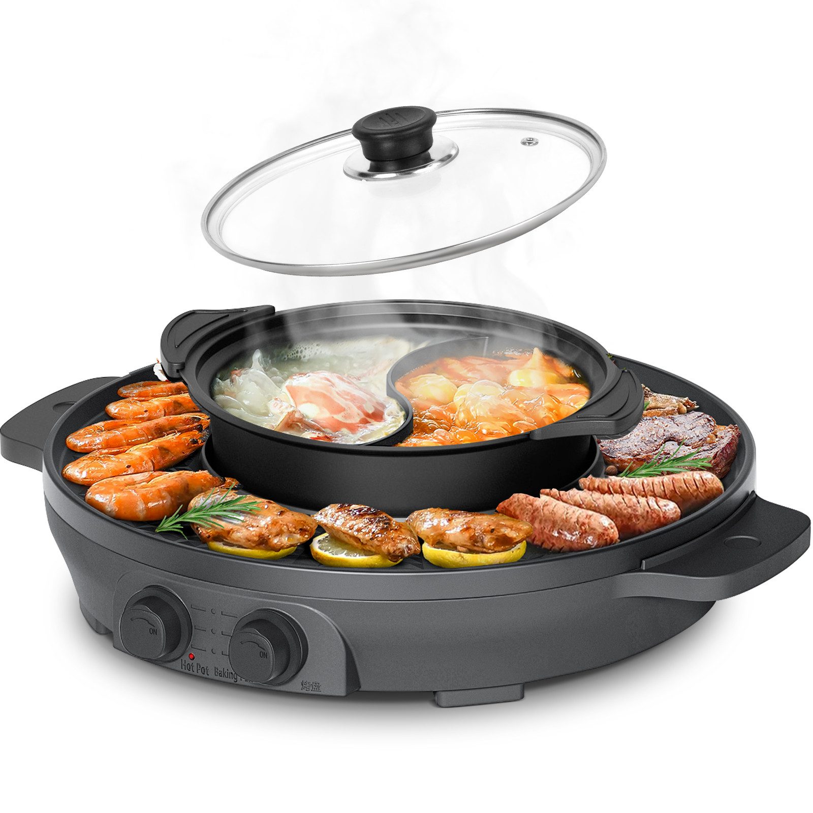 ENFRIFAM Teppanyakigrill Elektrische Hot Pot mit Grill, 2 in 1 Grillplatte Party-Pfanne Elektro, 2000 W, Antihaftbeschichtung, für 2-8 Personen, Doppelte Trennung Design