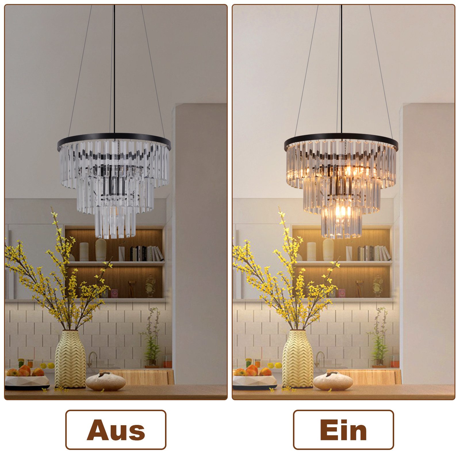 Nettlife Pendelleuchte Kristall Modern Wohnzimmer 3 Flammig E27 Schwarz Esstisch Hängeleuchte, Höhenverstellbar, LED wechselbar, Pendellampe für Küche Esszimmer Schlafzimmer