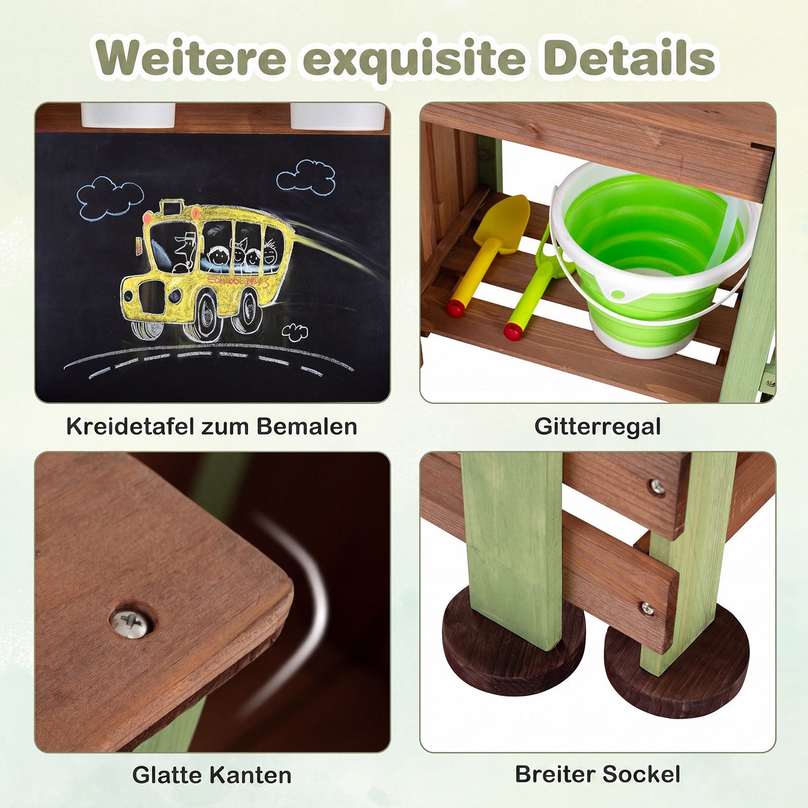 COSTWAY Outdoor-Spielküche Tannenholz, Kunststoff, Mit Pflanzkasten & 2 Blumentöpfen